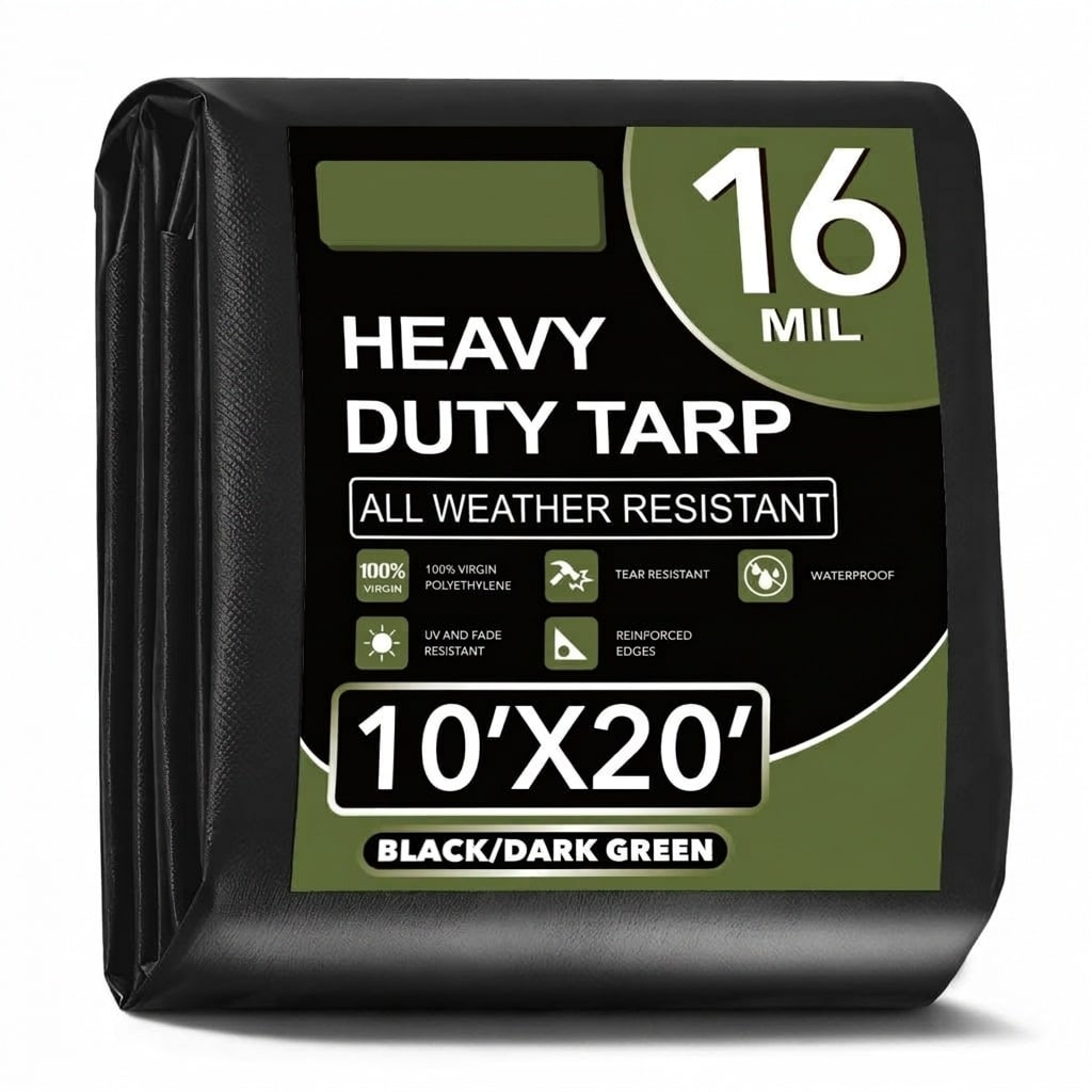 Phyfalip  Tarp Waterproof 10x20Ft Extra Thick 16 Mil Heavy Duty Outdoor Cover Tear and Fade Resistant Reinforced Edges Brass Grommets All Weather