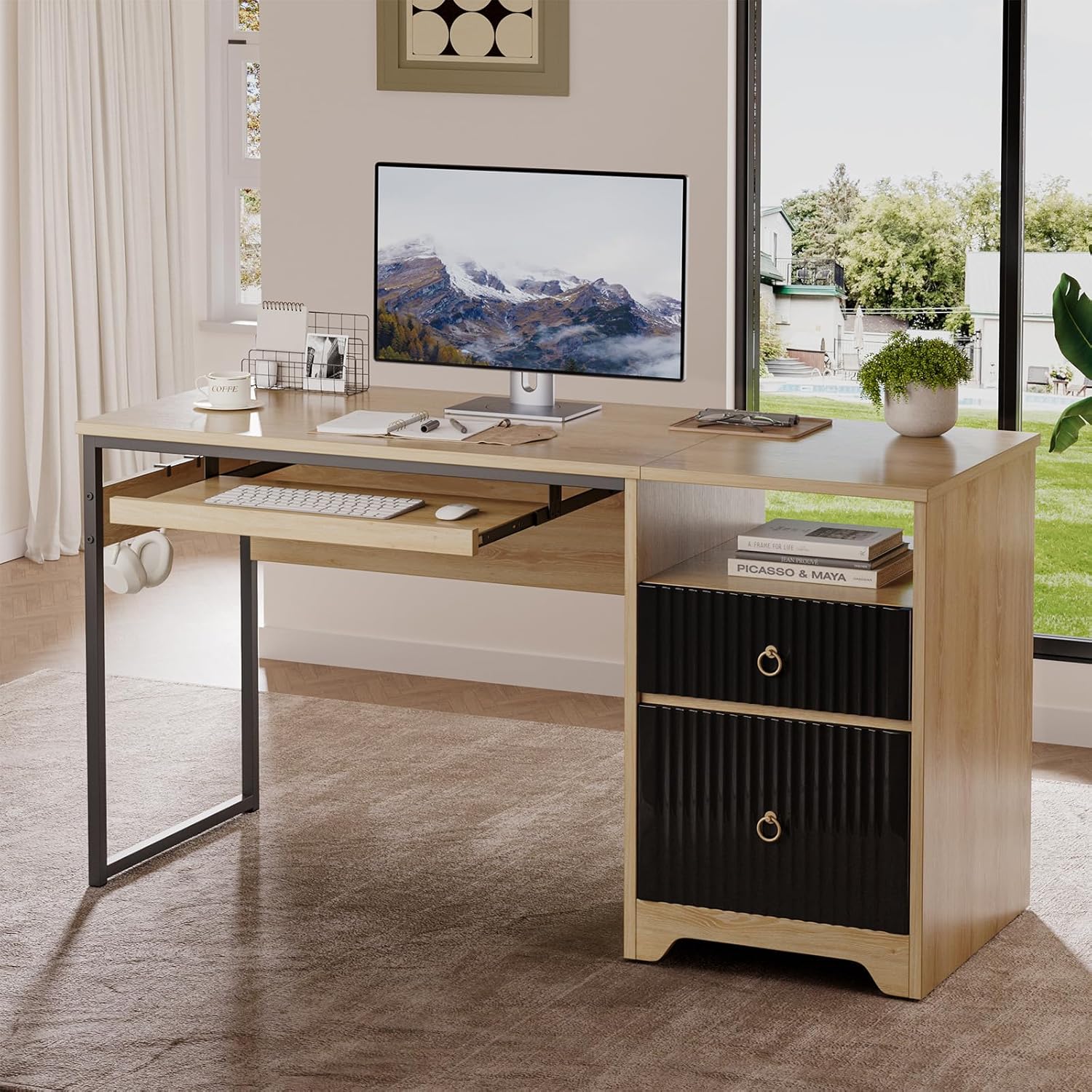 Bestier 55.12-in W 2-Drawer Natural Oak Computer Desk with Keyboard Tray #LOW-H104614P-LOG