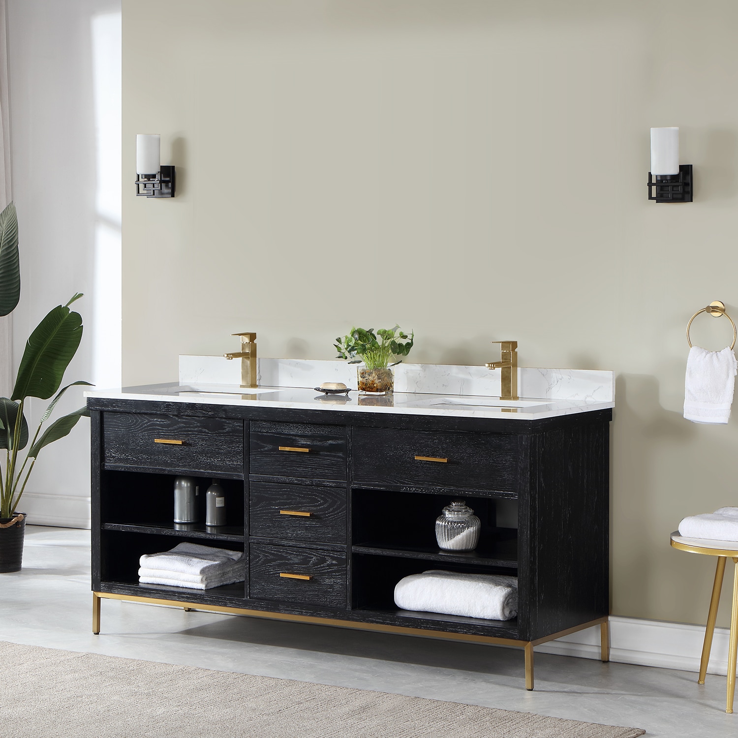 Kesia 72" Black Oak Double Vanity with White Stone Countertop