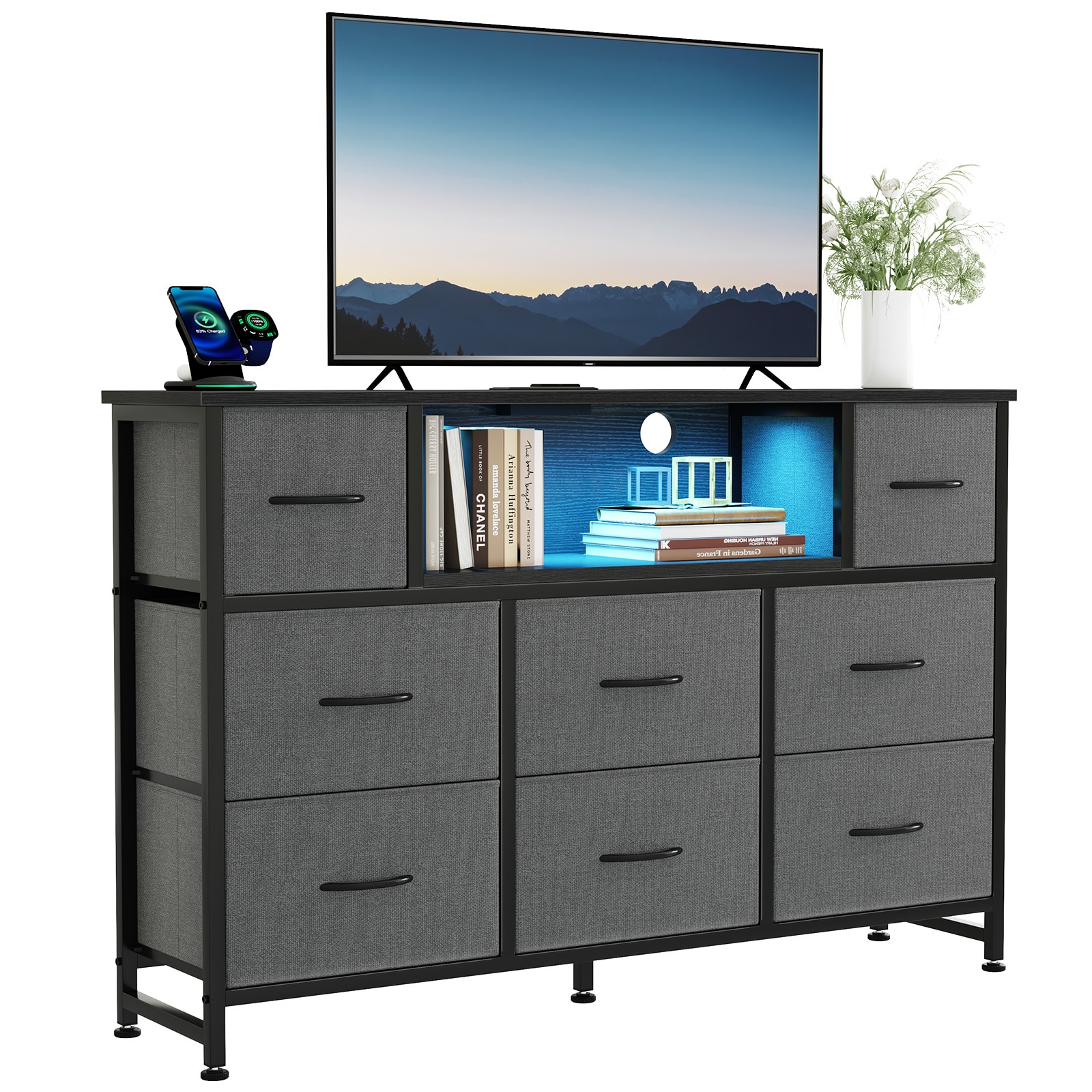 Sweetcrispy Modern 8-Drawer Dresser TV Stand Console with LED Lights and Power Outlets Gray
