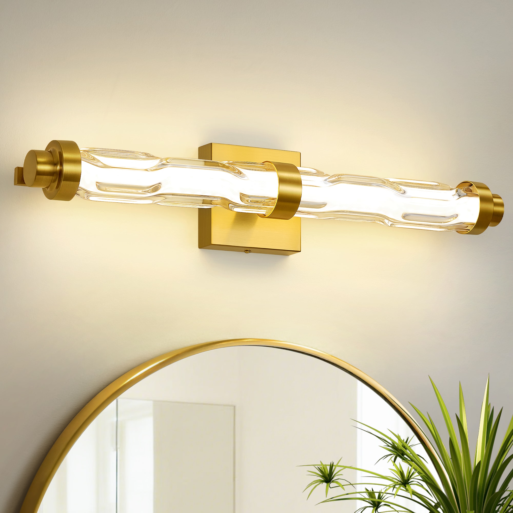 KAISITE 24-Inch Modern LED Gold Dimmable Wall Sconce with Ribbed Glass Shades Vanity Light Fixtures