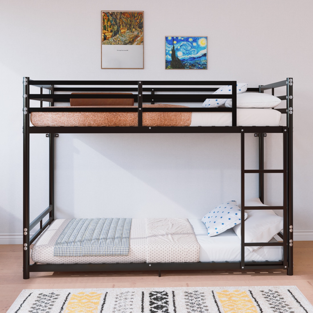 CHITA Twin Over Twin Metal Bunk Bed with Ladder Safety Guardrails Noise Reduced Design Built In Storage Black