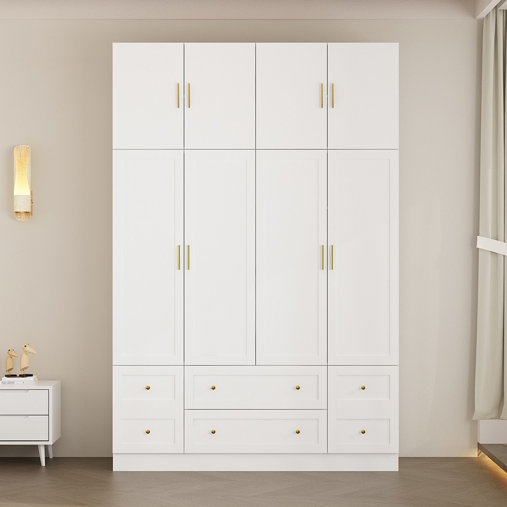 Homsee KF330124-01AB+123-01 Modern White 8 Door Wardrobe Armoire with Glass Doors Gold Handles Hanging Rod Drawers and Adjustable Shelves