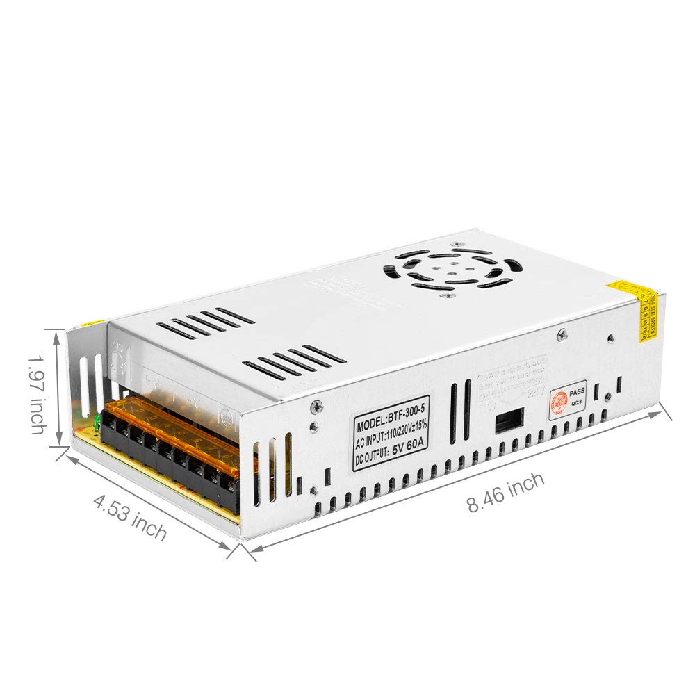 Etokfoks  300W 5V DC 60A switching power supply 100V to 240V AC to 5V converter adjustable 4 5V to 5 5V for LED strip matrix and CCTV