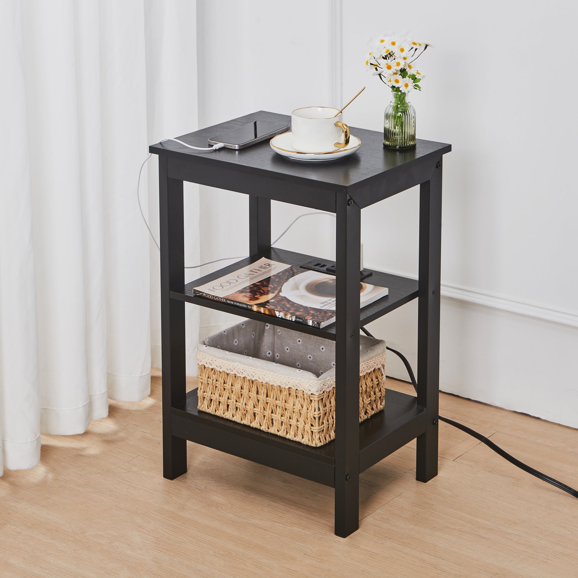Vecelo LOE-MX-CT06-BLK Modern Nightstand with Charging Station Side End Table with Storage Shelf for Bedroom or Living Room Small Spaces Black