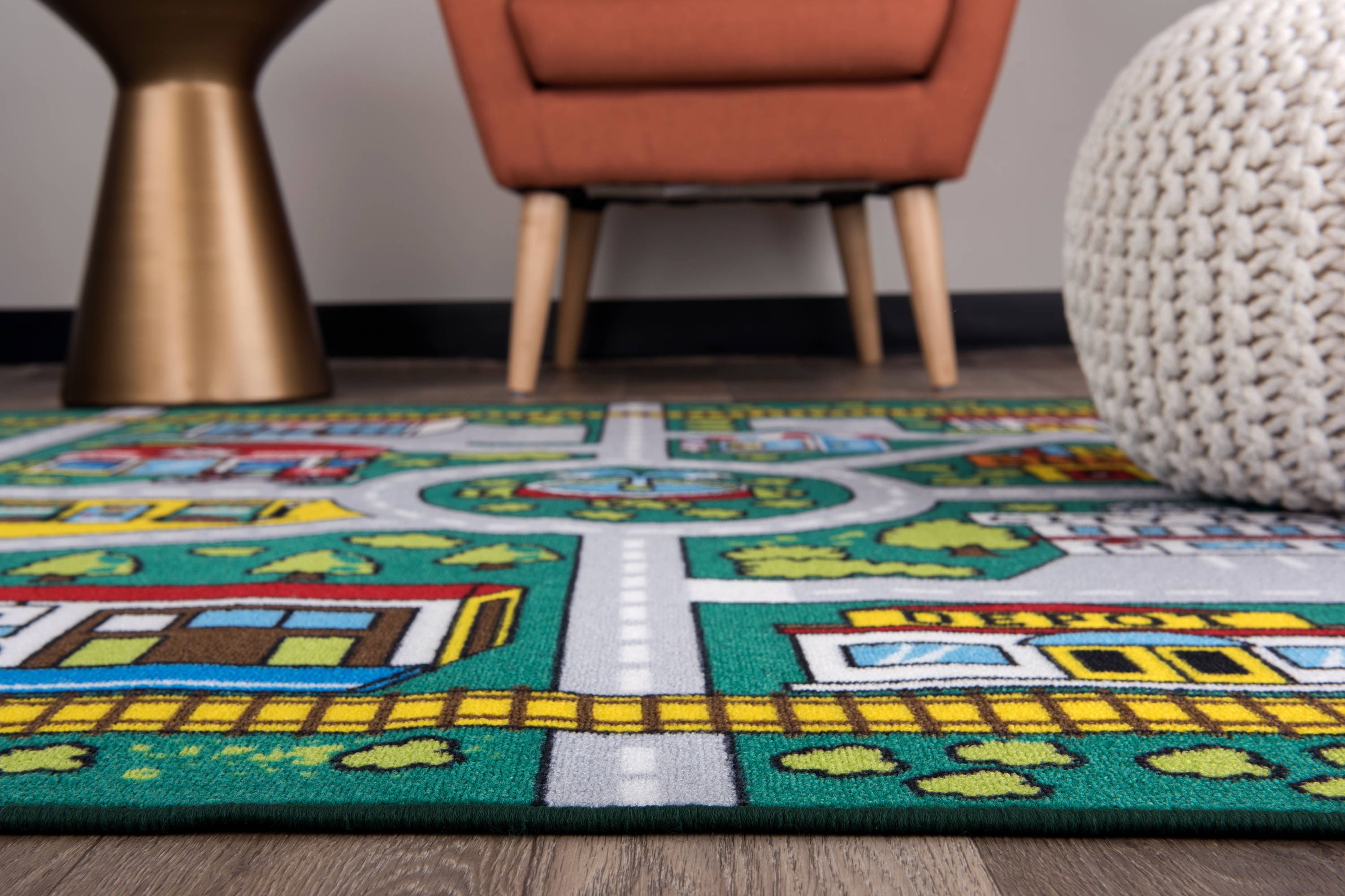 Green Nylon Kids Educational City Life Road Area Rug