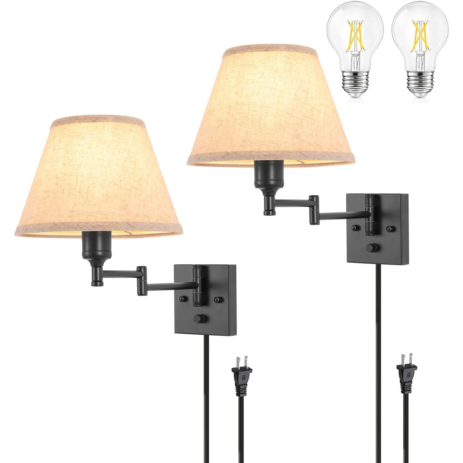 Jokupey  2 Pack Plug in Wall Sconce Set with Swing Arm Dimmable Fabric Shade E26 Base 6W LED Bulbs Included Beige for Bedroom Living Room
