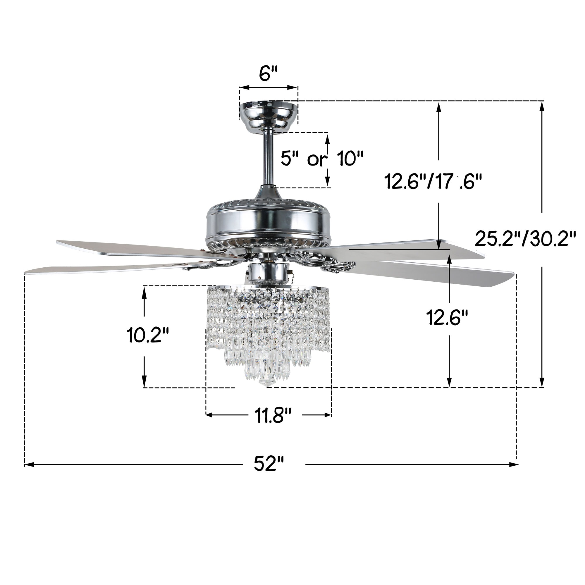 52" Silver Crystal Chandelier Ceiling Fan with Remote and Light Kit