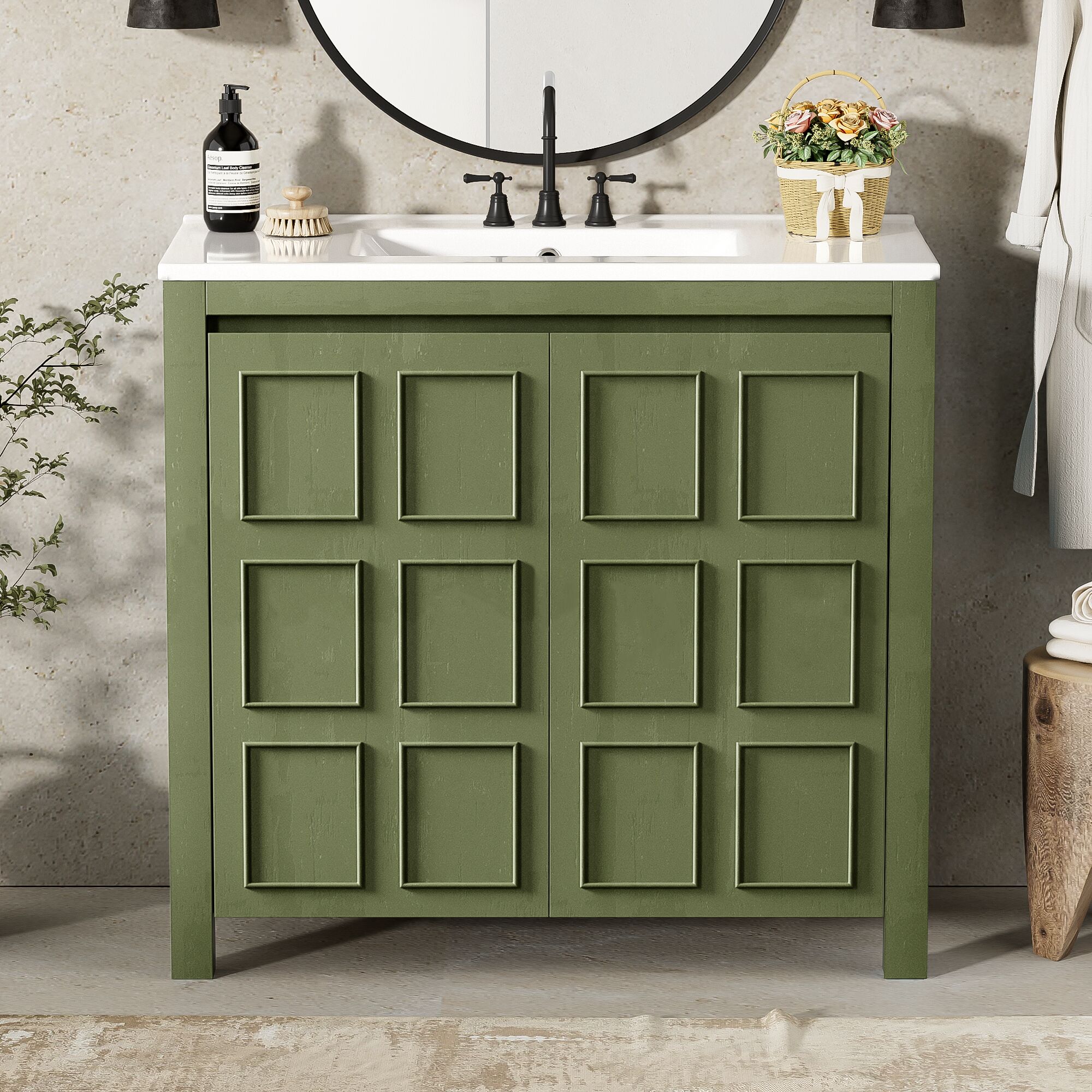 Tatayosi JL-P255666F 36 inches Bathroom Vanity Organizer with Ceramic Sink Set Bathroom Storage Cabinet Olive Green