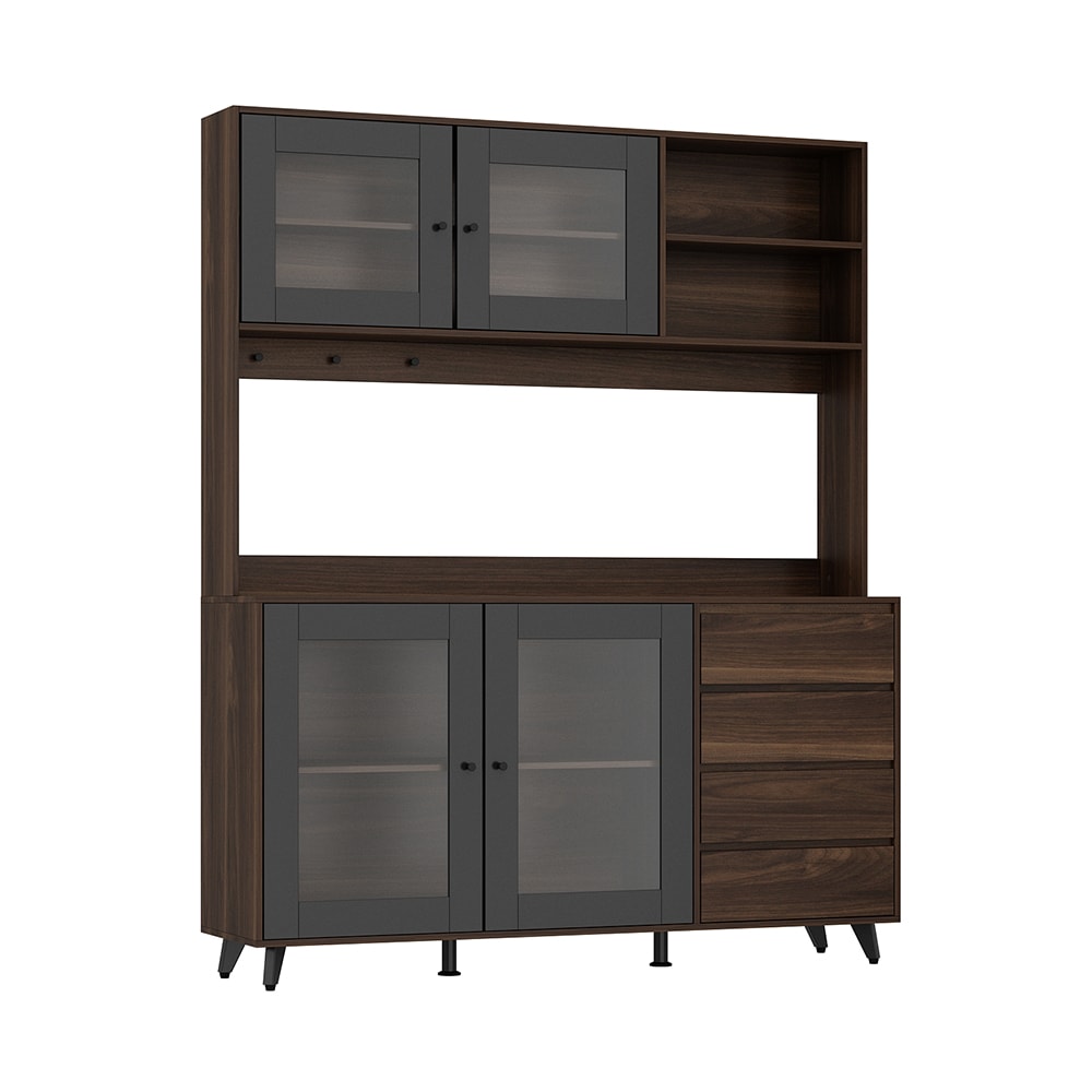 Homsee V-KF210128-023 Kitchen Pantry Cabinet with Glass Doors Drawers Microwave Shelf and Hanging Hooks in Black and Dark Brown
