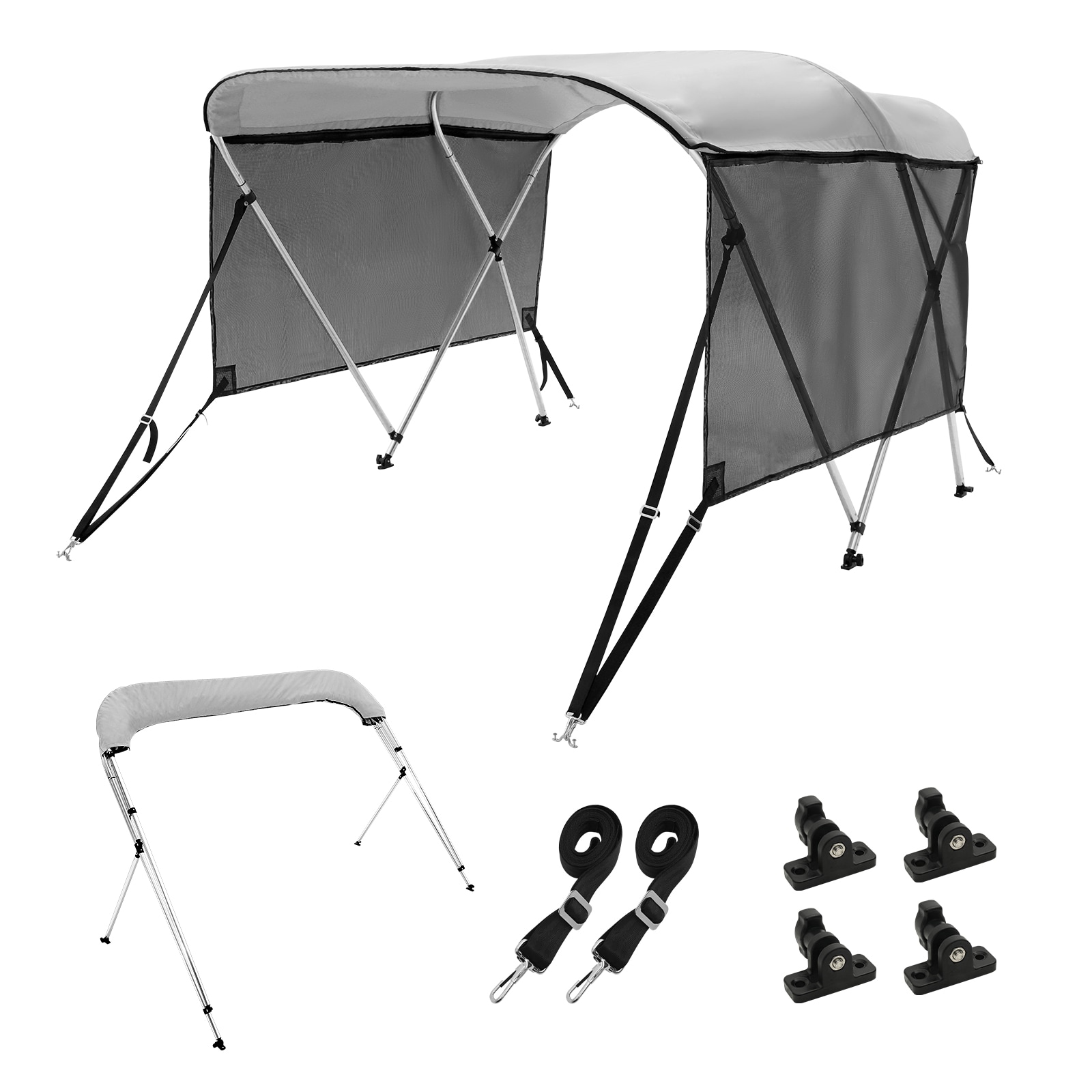 VEVOR SC3GCYZYPDCL02440V0 3 Bow Bimini Top Boat Cover  Detachable Mesh Sidewalls  600D Polyester Canopy with 1in Aluminum Alloy Frame  Includes Storage Boot  2 Support Poles  2 Straps  6ftL x 46inH x 61in-66inW  Light Grey