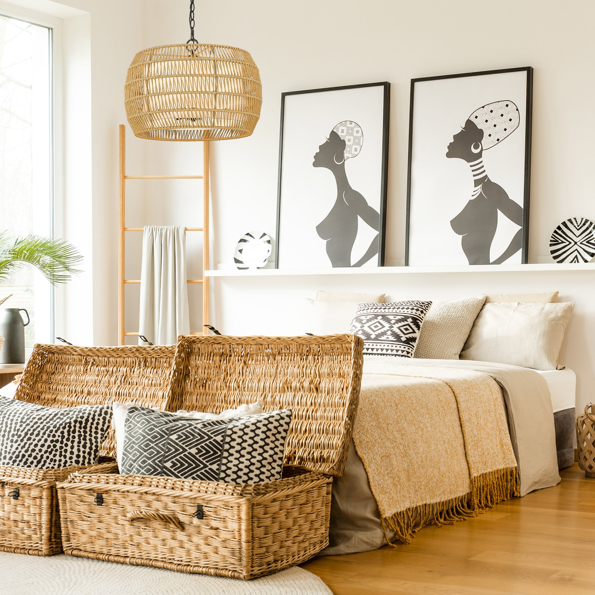 Everly Matte Black Drum Chandelier with Handwoven Rattan Detail