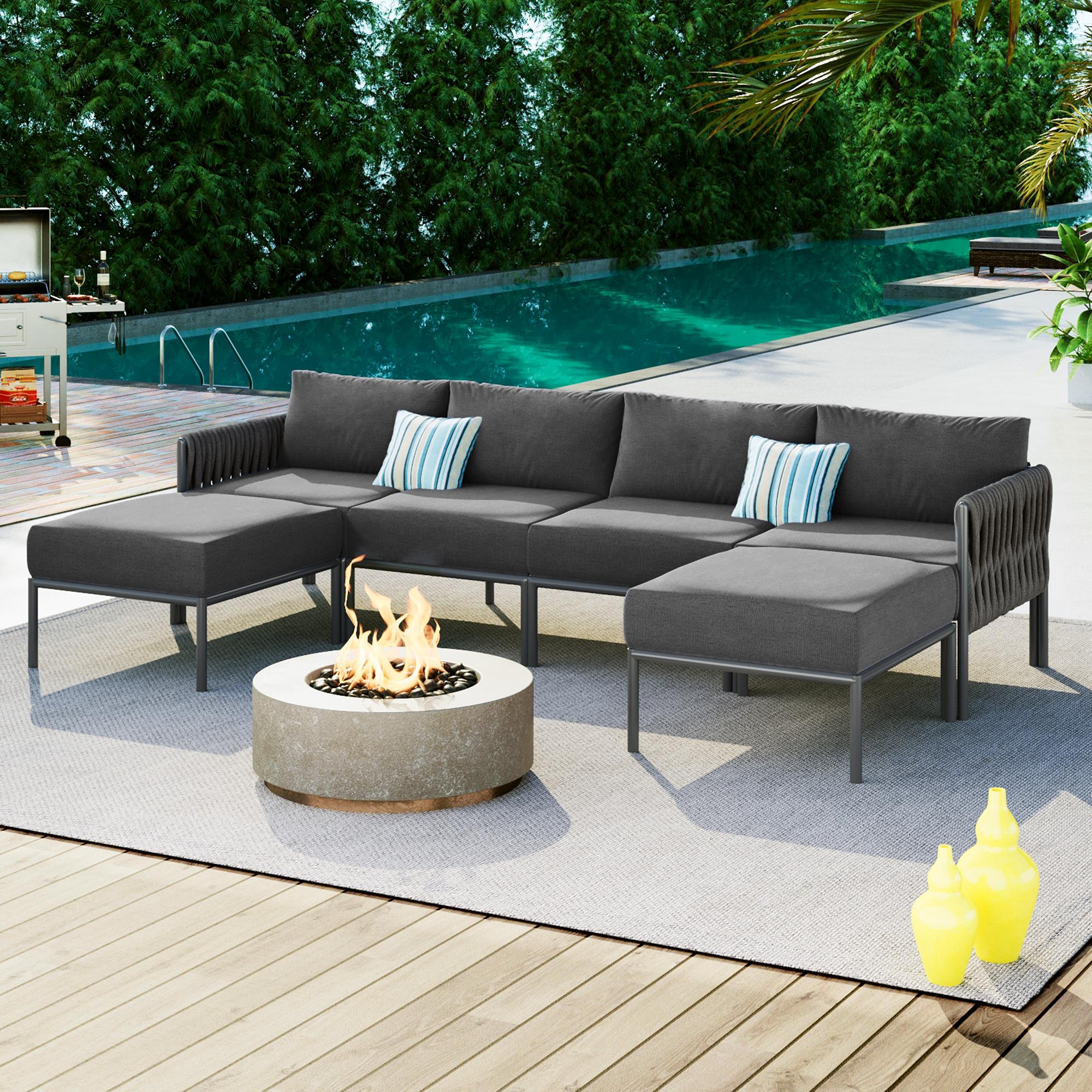 Bayfeve BFG-226E-PCS 6-Pieces Aluminum Patio Conversation Sectional Sofa Set 6 -Piece Patio Conversation Set with Gray Cushions