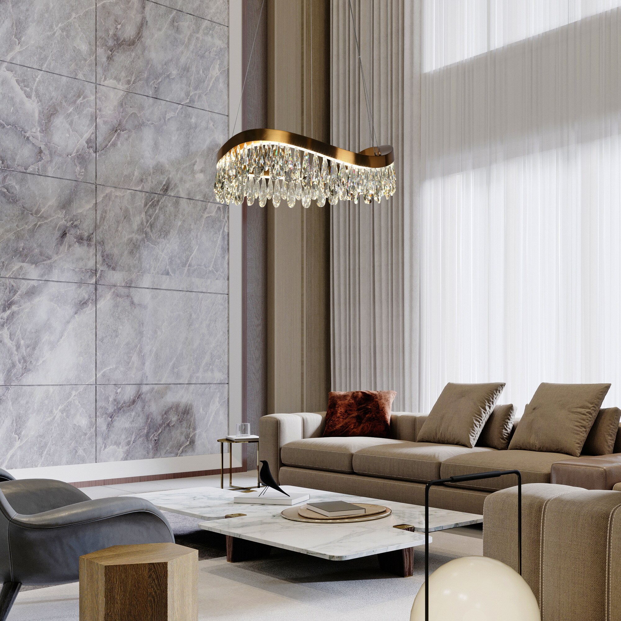 Modern Gold Brass LED Crystal Drum Chandelier