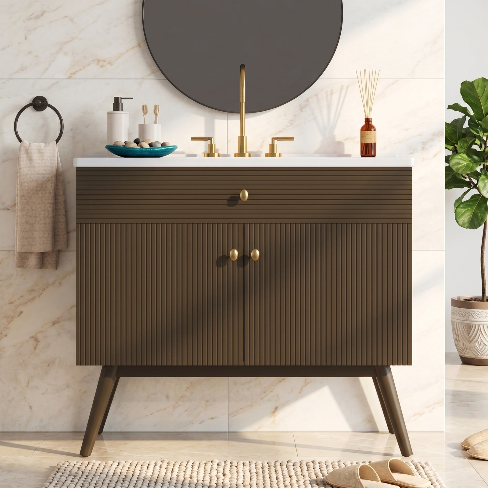 LIVACA 36 inch Dark Brown MDF and Pine Bathroom Vanity with Soft-Close Dual-Door Storage and Premium Ceramic Sink