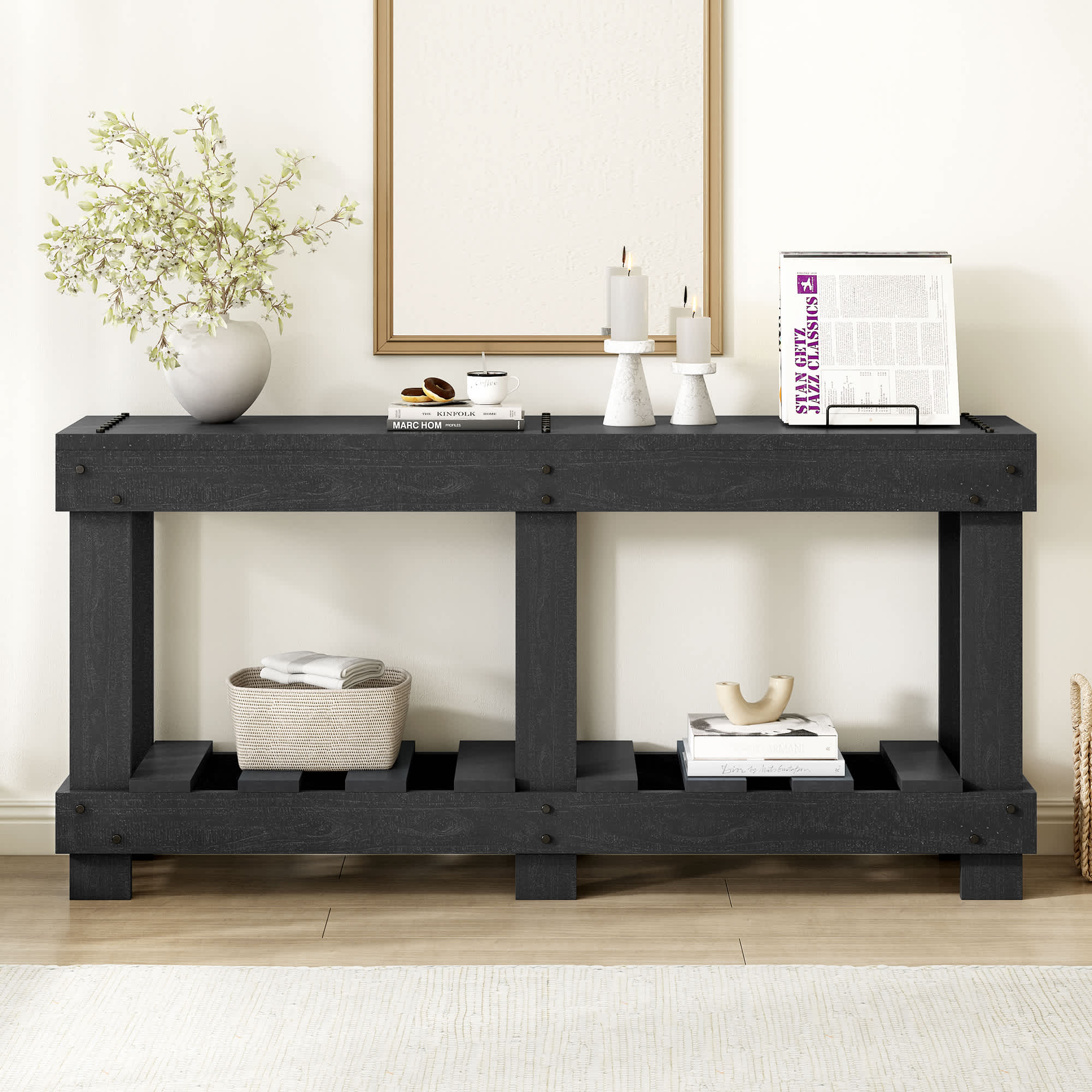 Vynxaria Vintage Solid Wood Entryway Table Natural Grain Six Legs Thick ...