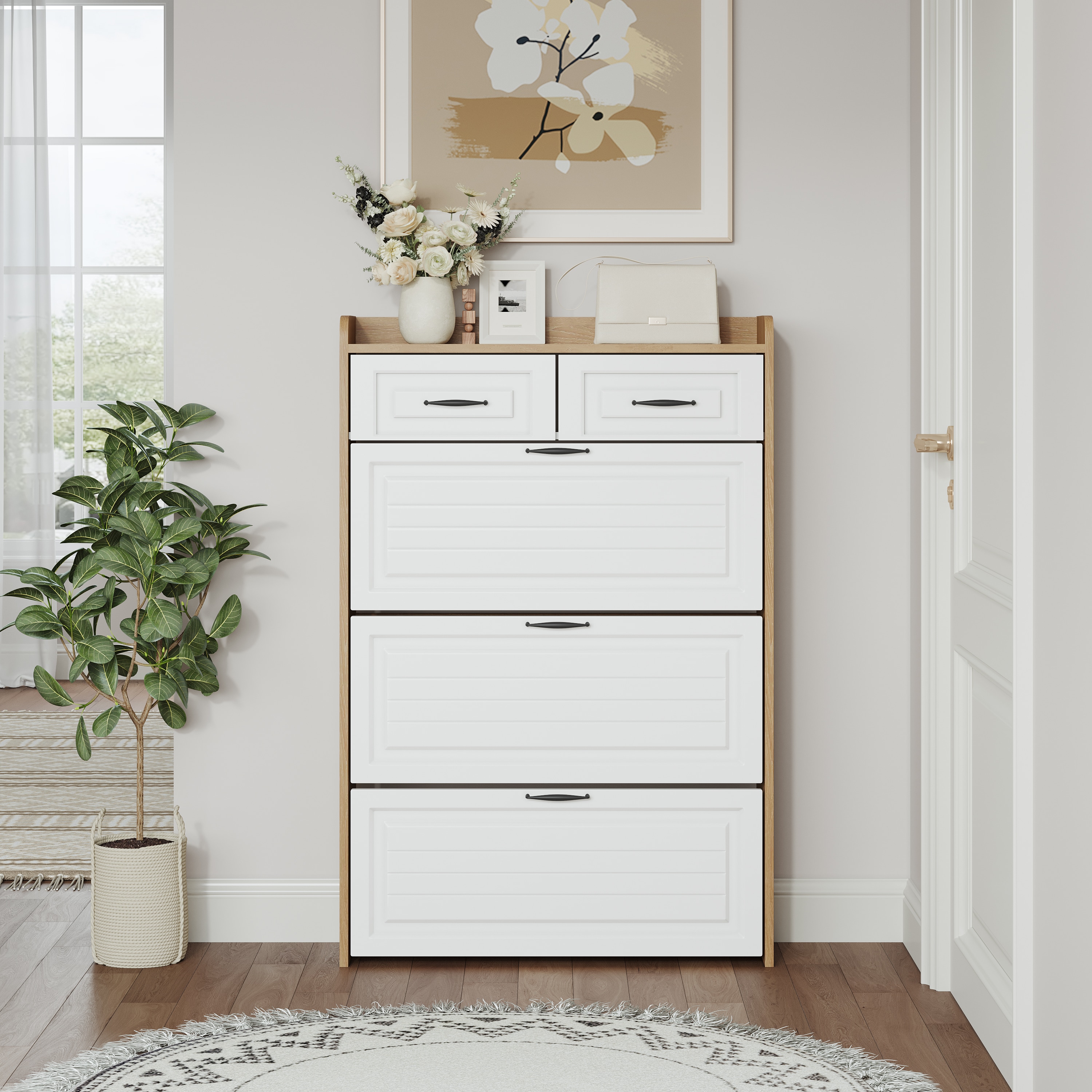 LOVMOR 1250 White andOak Color shoe cabinet with 3 doors 2 drawers large space for storage