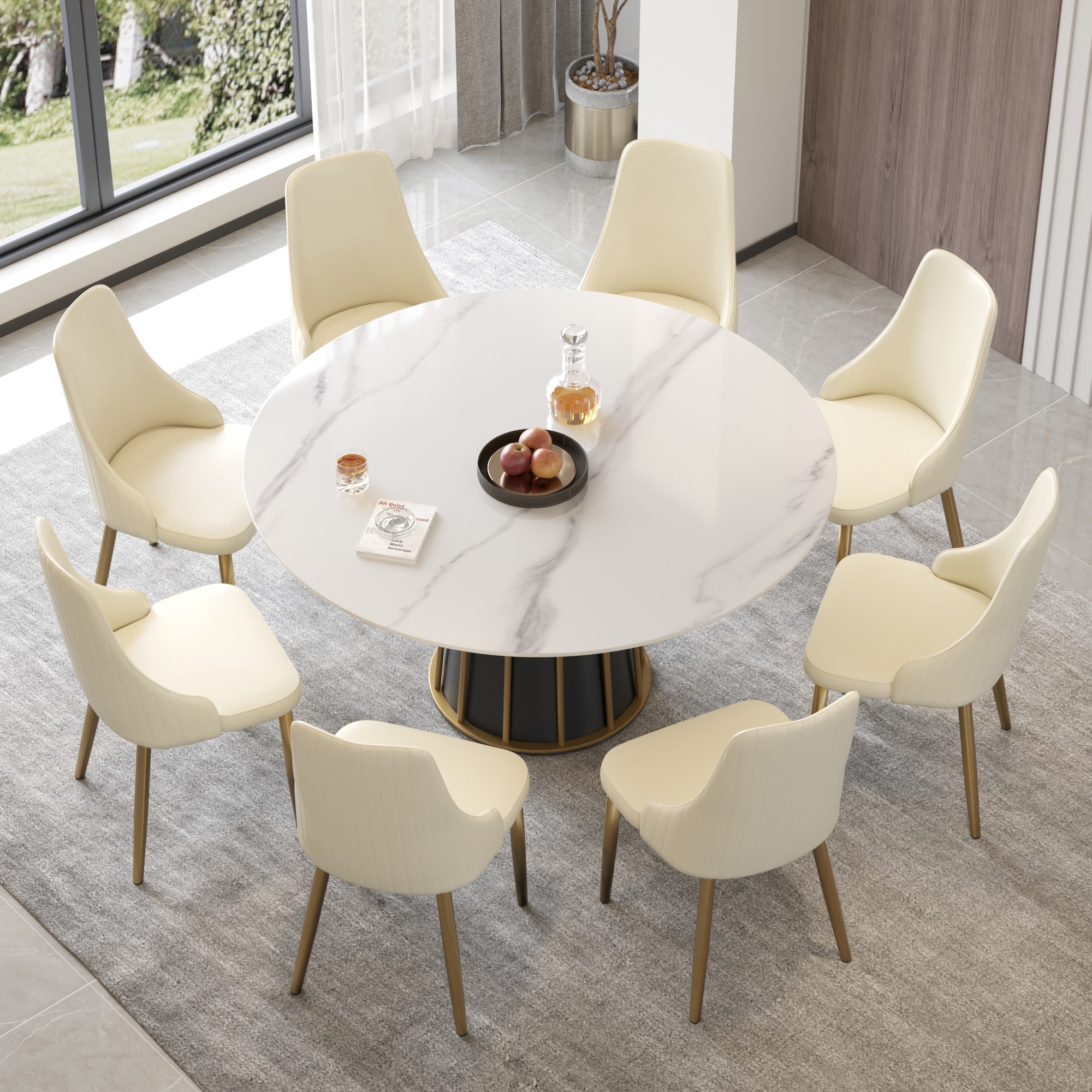 BuotiqHom DH-AT-150W-4B 59 in. White Round Contemporary/Modern Dining Table, Ceramic with Primed Metal Pedestal Base 59-in L x 29.5-in H