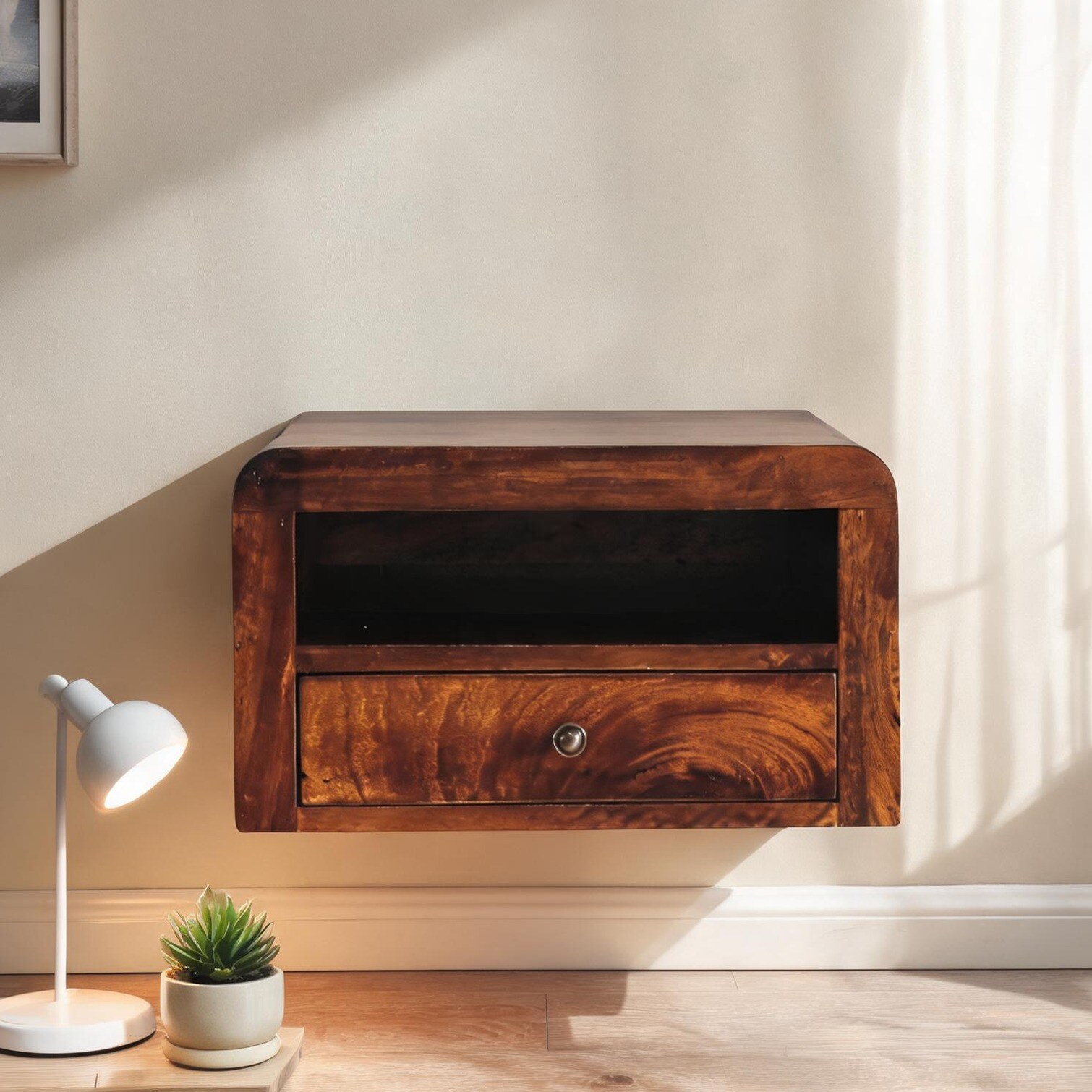 FlowLuxe Solid wood floating nightstand with drawer and open shelf ...
