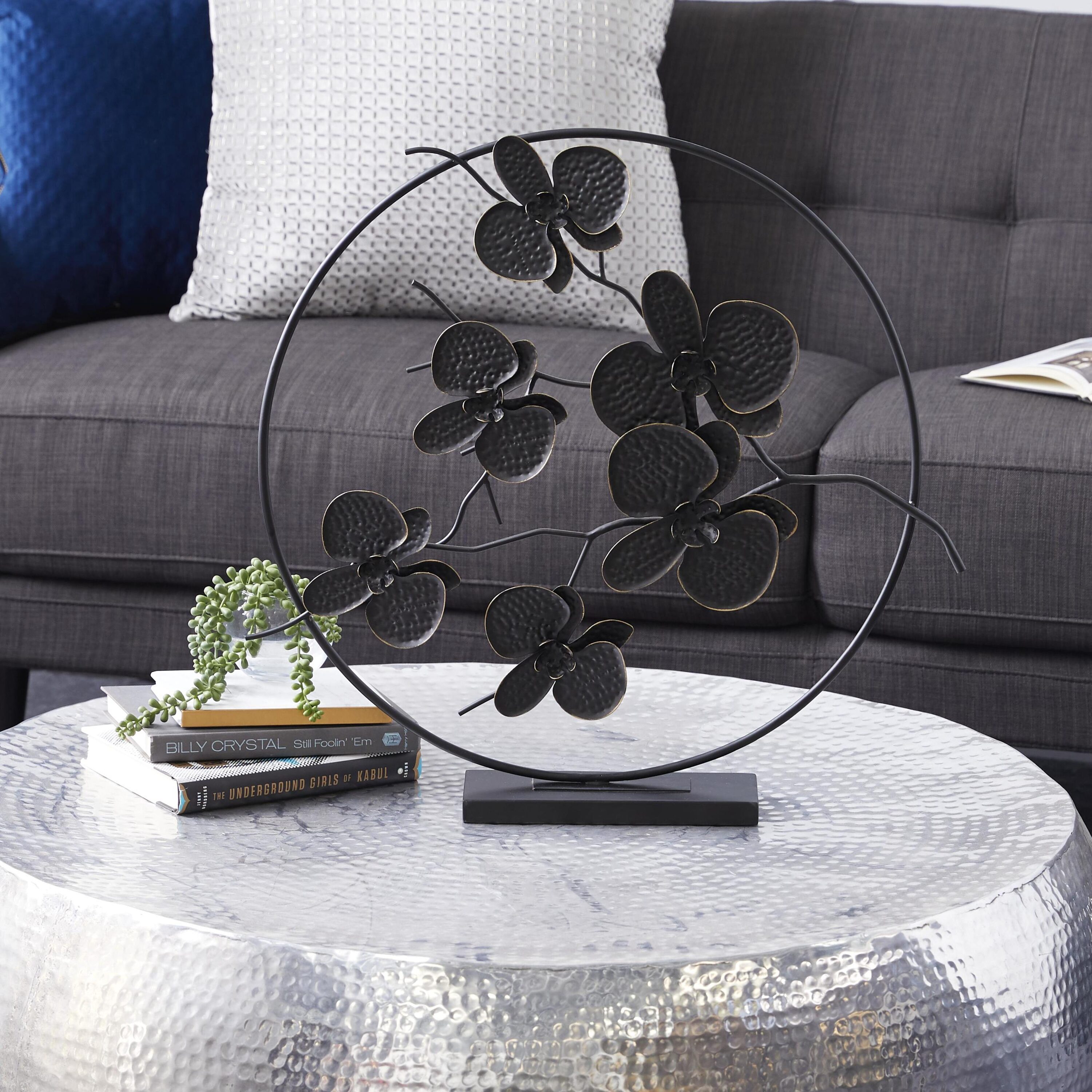 Elegant Black Metal Orchid Floral Sculpture 26"
