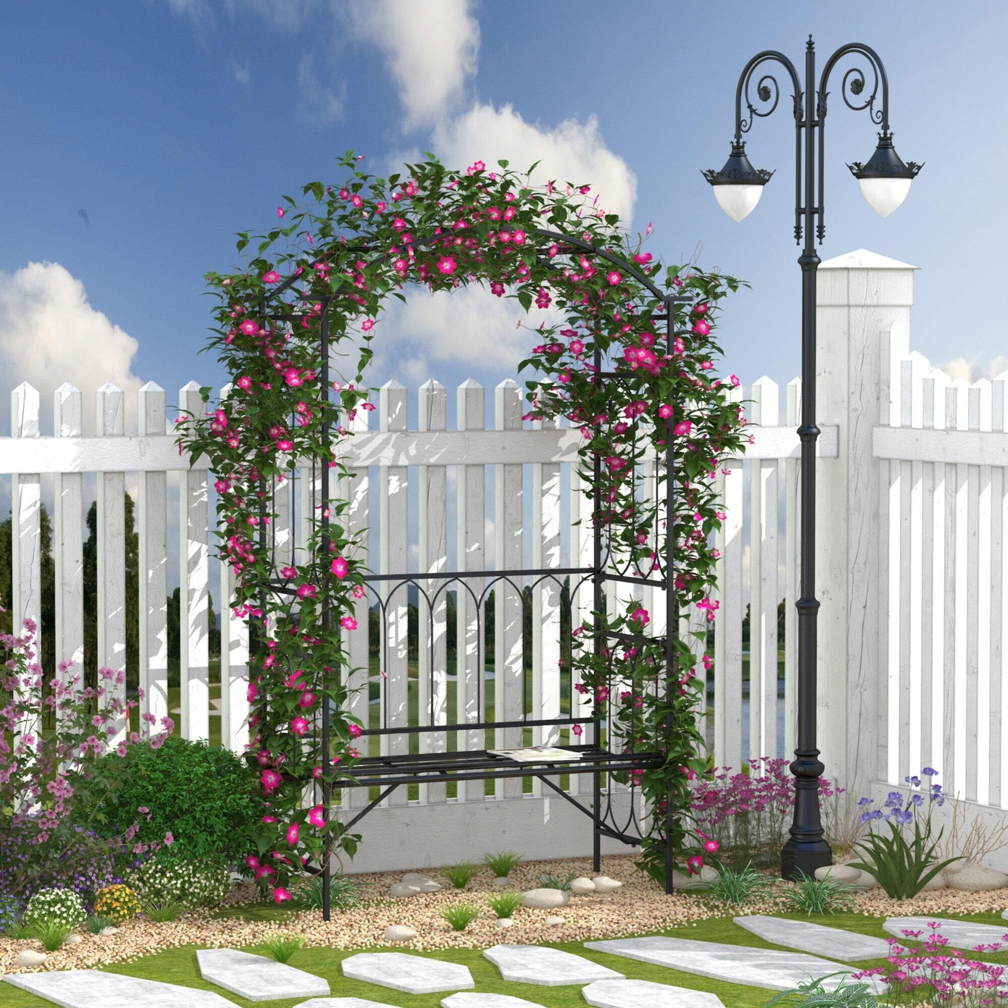 Wooakway Metal Trellis Arbor Arch for Climbing Plants with Garden Bench ...