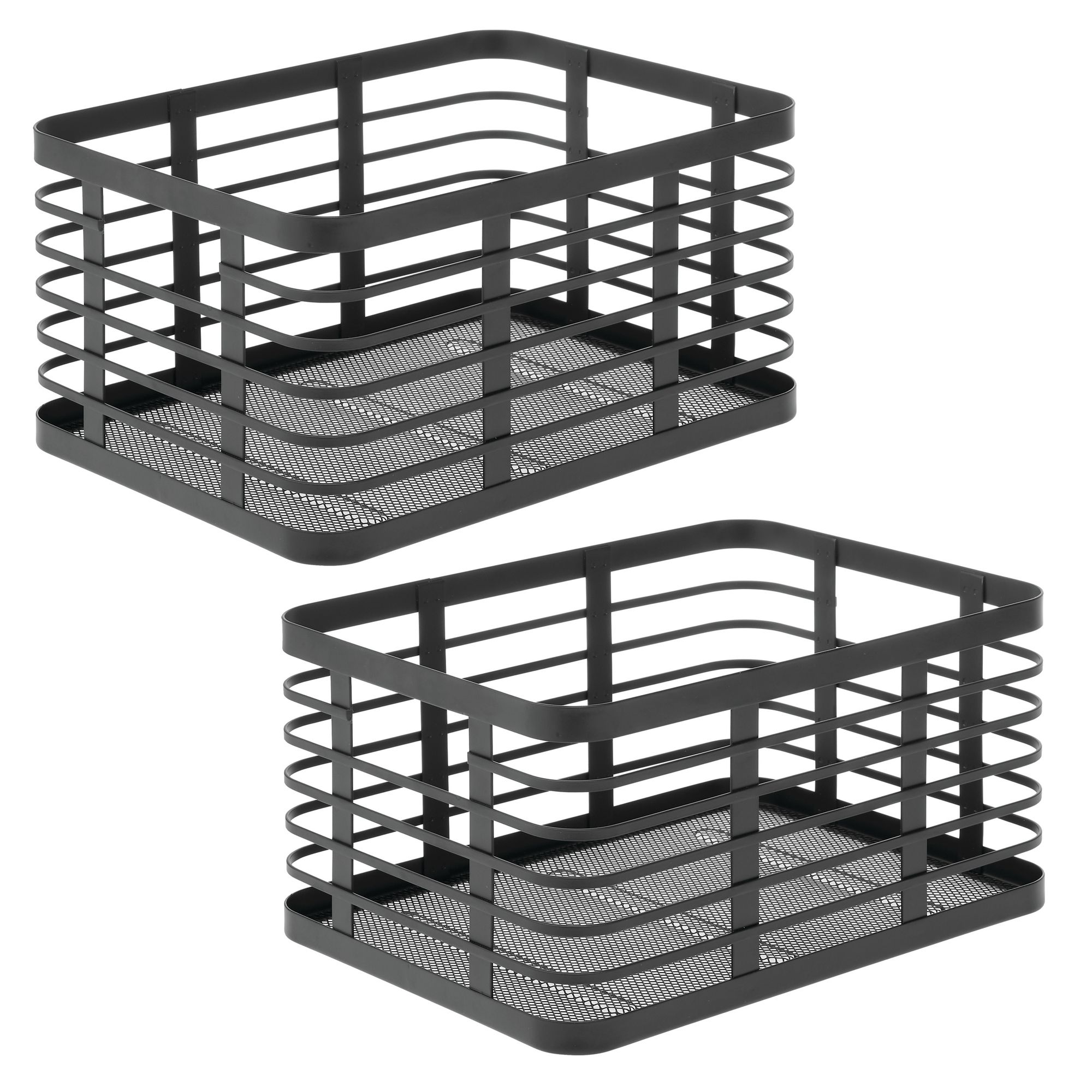 mDESIGN Metal Pantry Basket with Handles - Pantry Storage Baskets for Fruits and Vegetables - Set of 2 - Matte Black