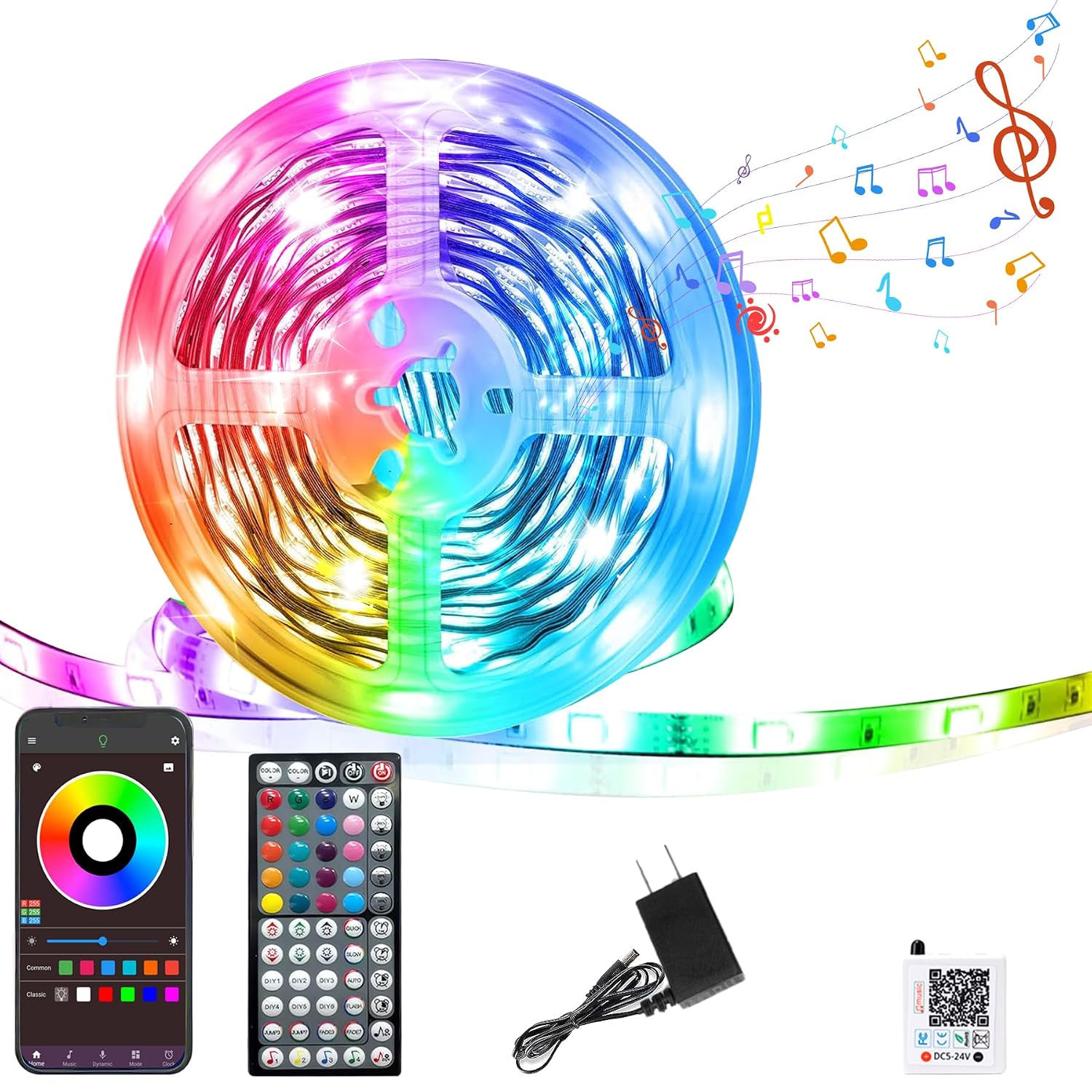 Segrass 50 ft RGB LED Strip Lights with Remote and App Control Music Sync Color Changing Dimmable Indoor Tape Lights for Bedroom Room Decor Ambient Lighting