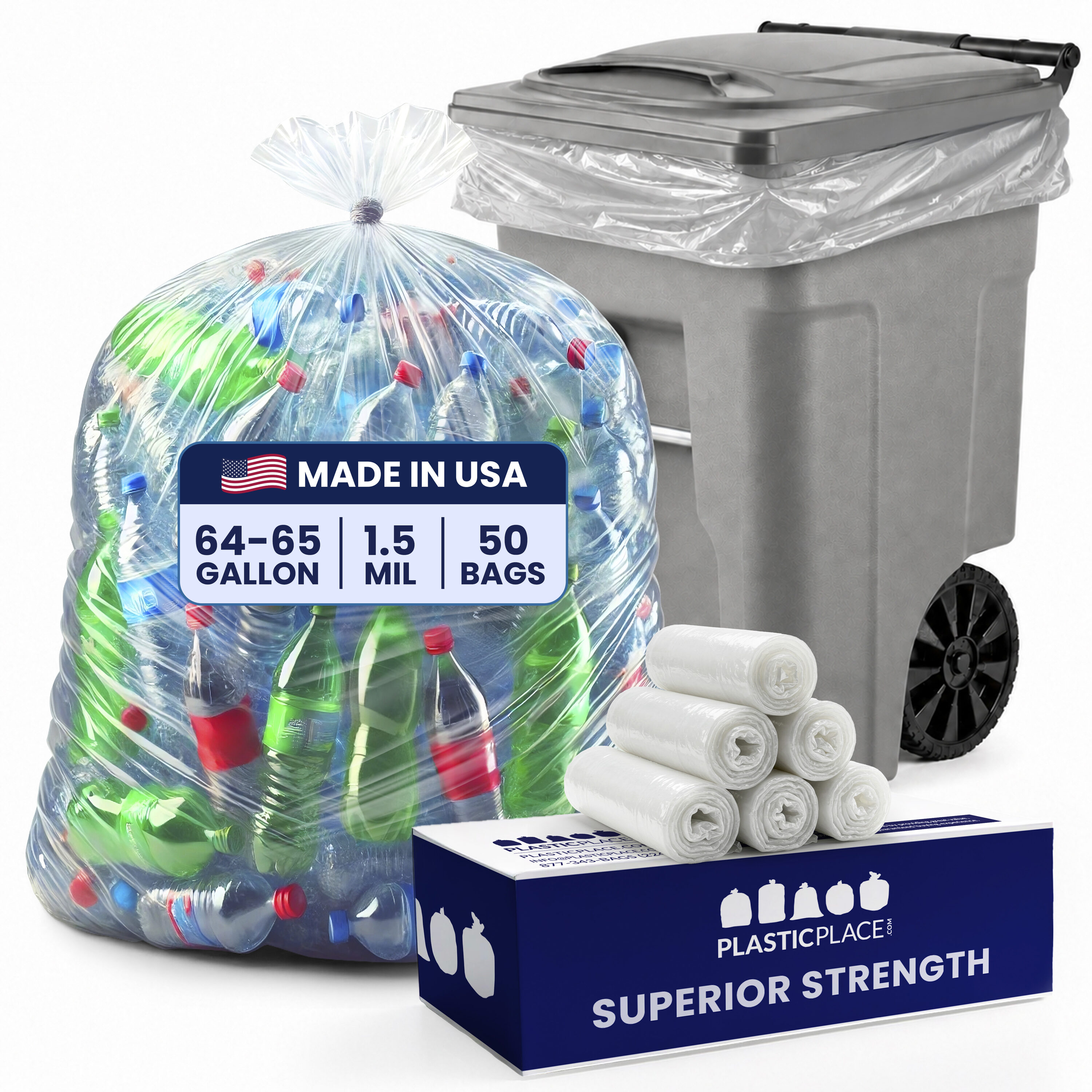 Plasticplace - 64-Gallon Clear Indoor Plastic Can Twist Tie Trash Bag 50 -Count