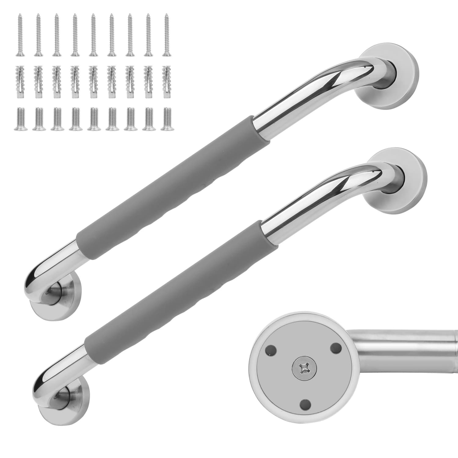 Angel Sar 16in 2-Pack Shower Grab Bars with Gray Rubber Grip for Seniors Elderly