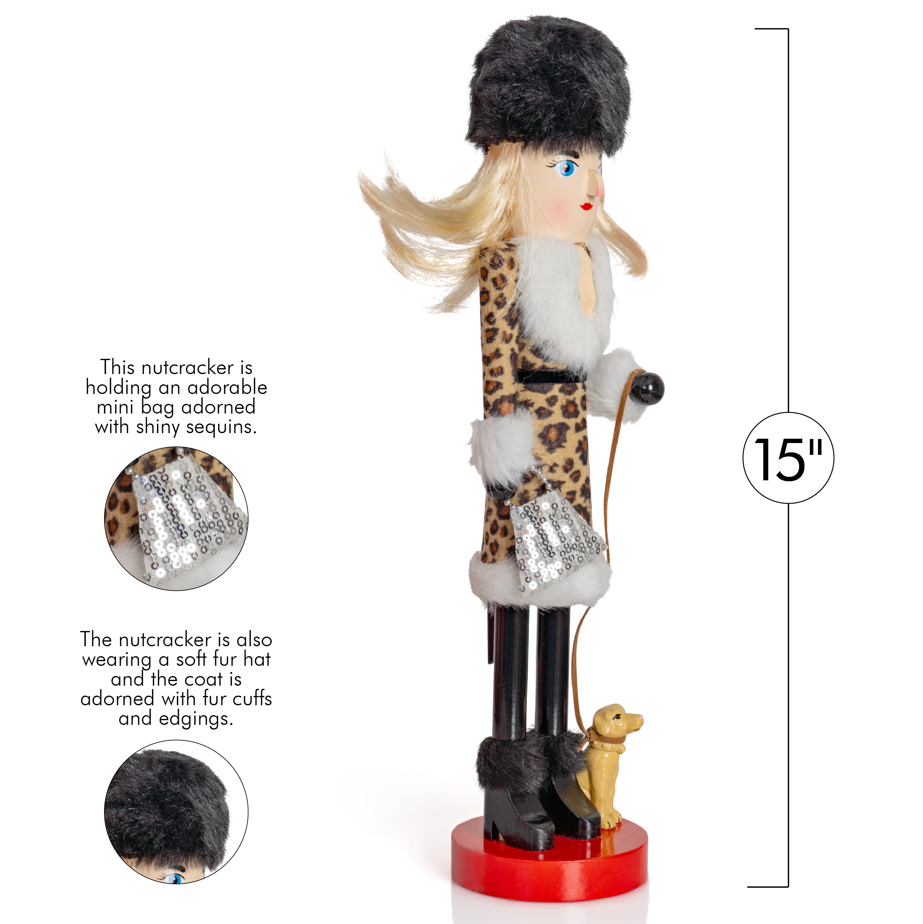 15" Leopard Print and Fur Christmas Nutcracker with Puppy