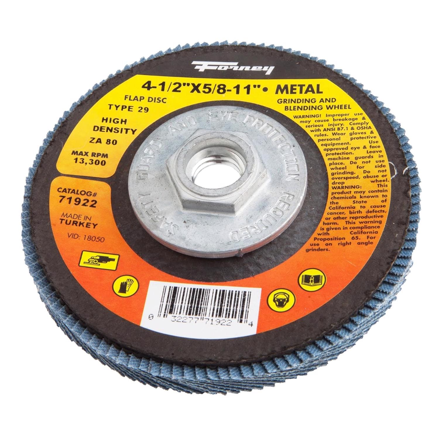 Forney  71921 4.5-inch Type 29 Blue Zirconia Flap Disc 60-Grit 5/8-11 Threaded Arbor