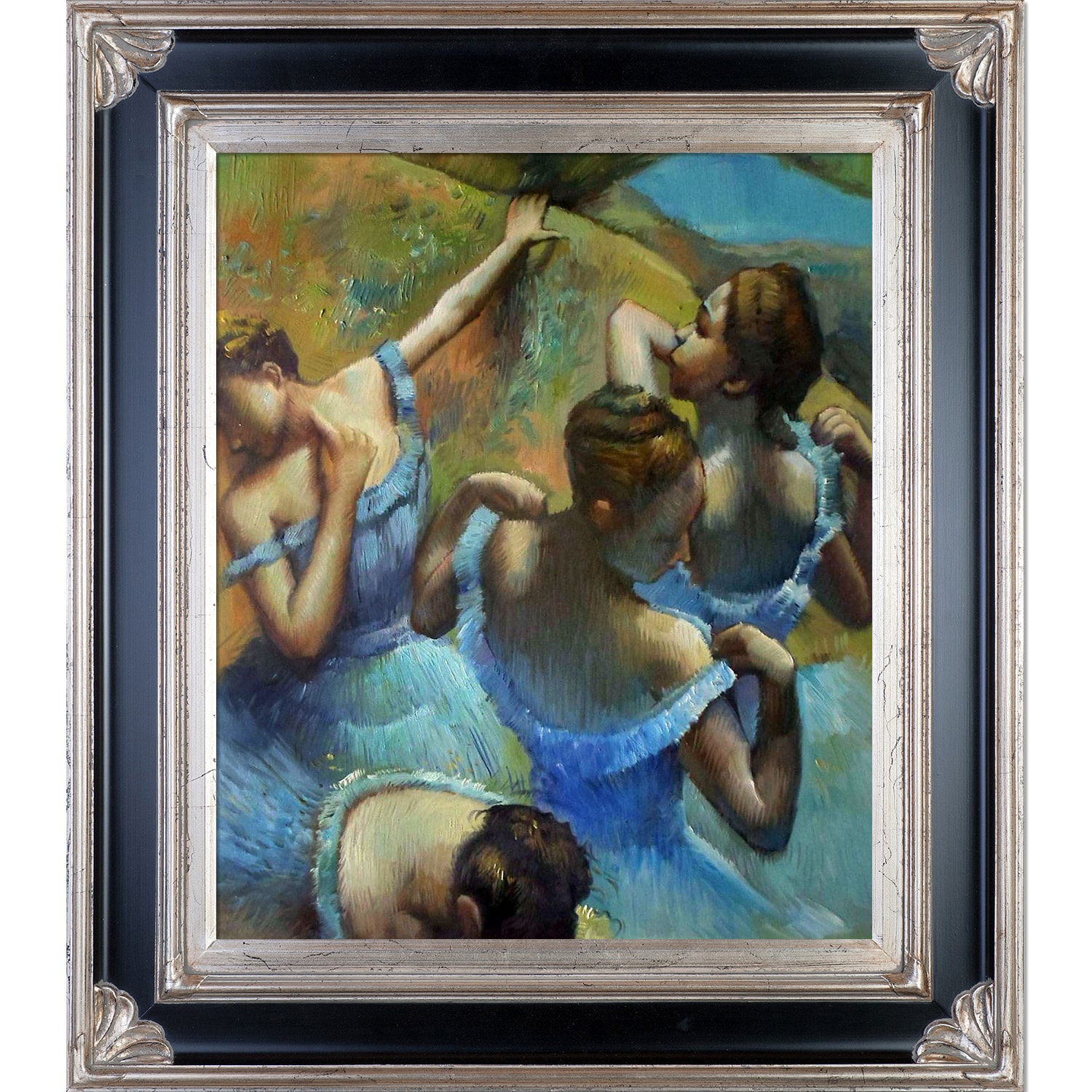 La Pastiche 688576619163 Blue Dancers Edgar Degas Black/Champagne Wood Framed 34-Inches H x 30-Inches W People Canvas Hand-Painted Painting