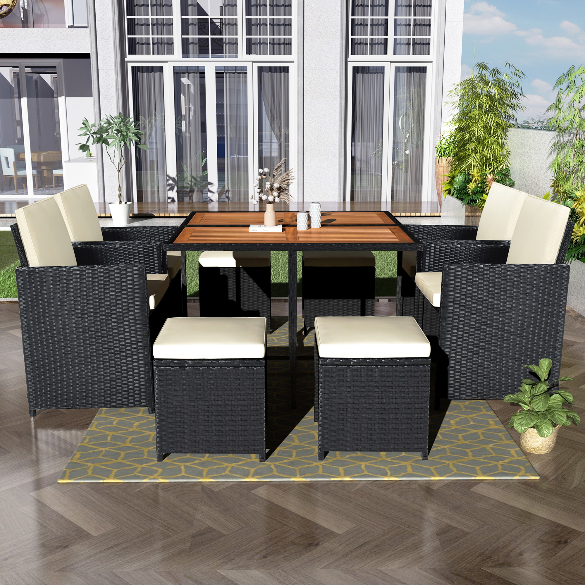 Oizaye ZWG-FG73AAA 9 -Piece Black Rattan Patio Dining Set Wood Rectangle Table with 4 Off-white Cushions Stationary Chairs