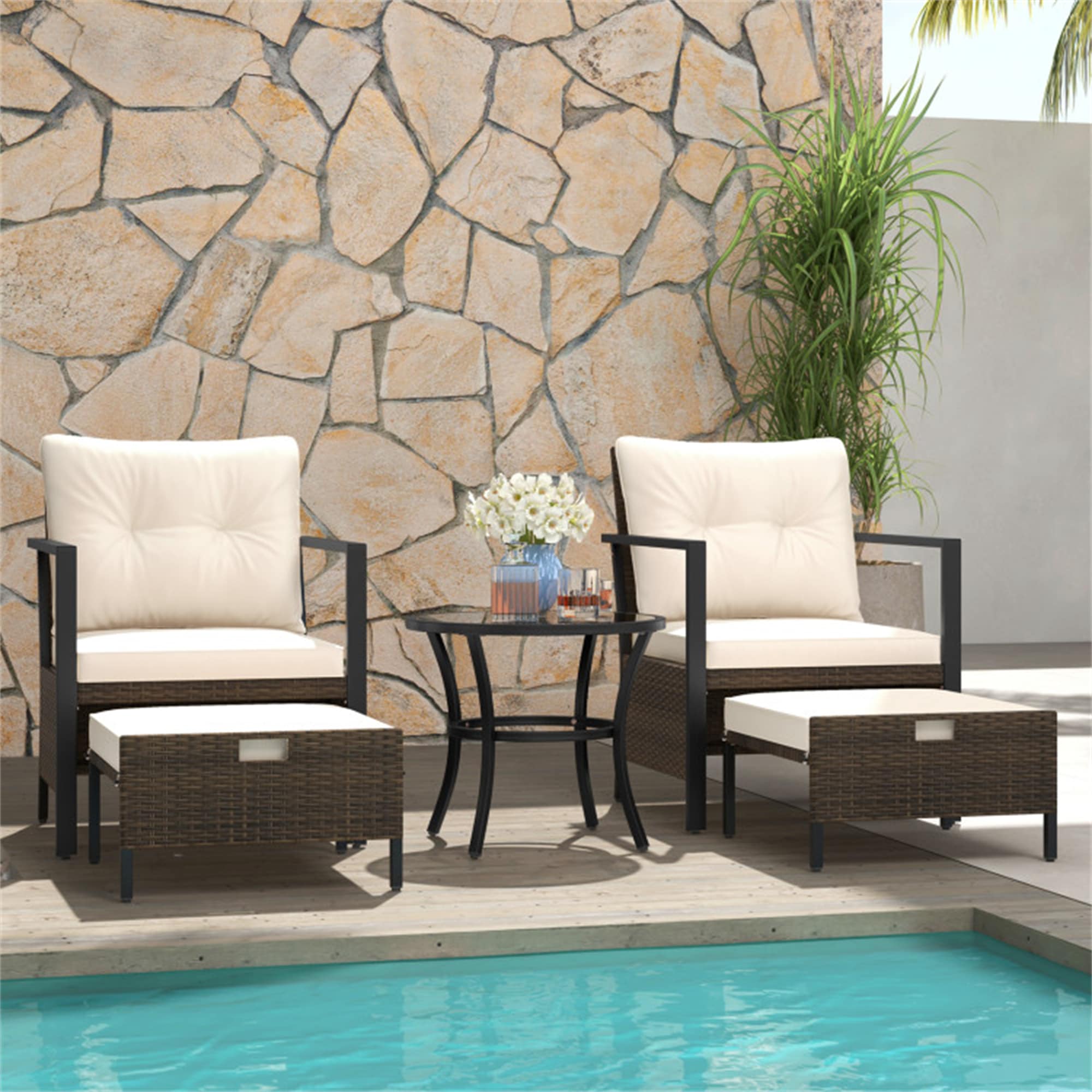 BABOOM - Patio Conversation Set 5 -Piece Rattan Patio Conversation Set with Off-white Cushions In...