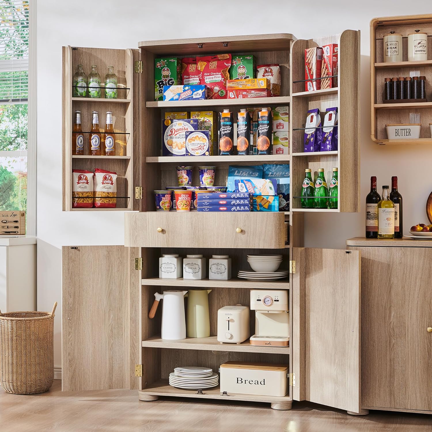 DecorUHome Kitchen Pantry Storage Cabinet Modern Storage Cabinets with Doors  and Adjustable Shelves Wooden Curved Food Cabinet for Kitchen 71-in Tall Light Grey