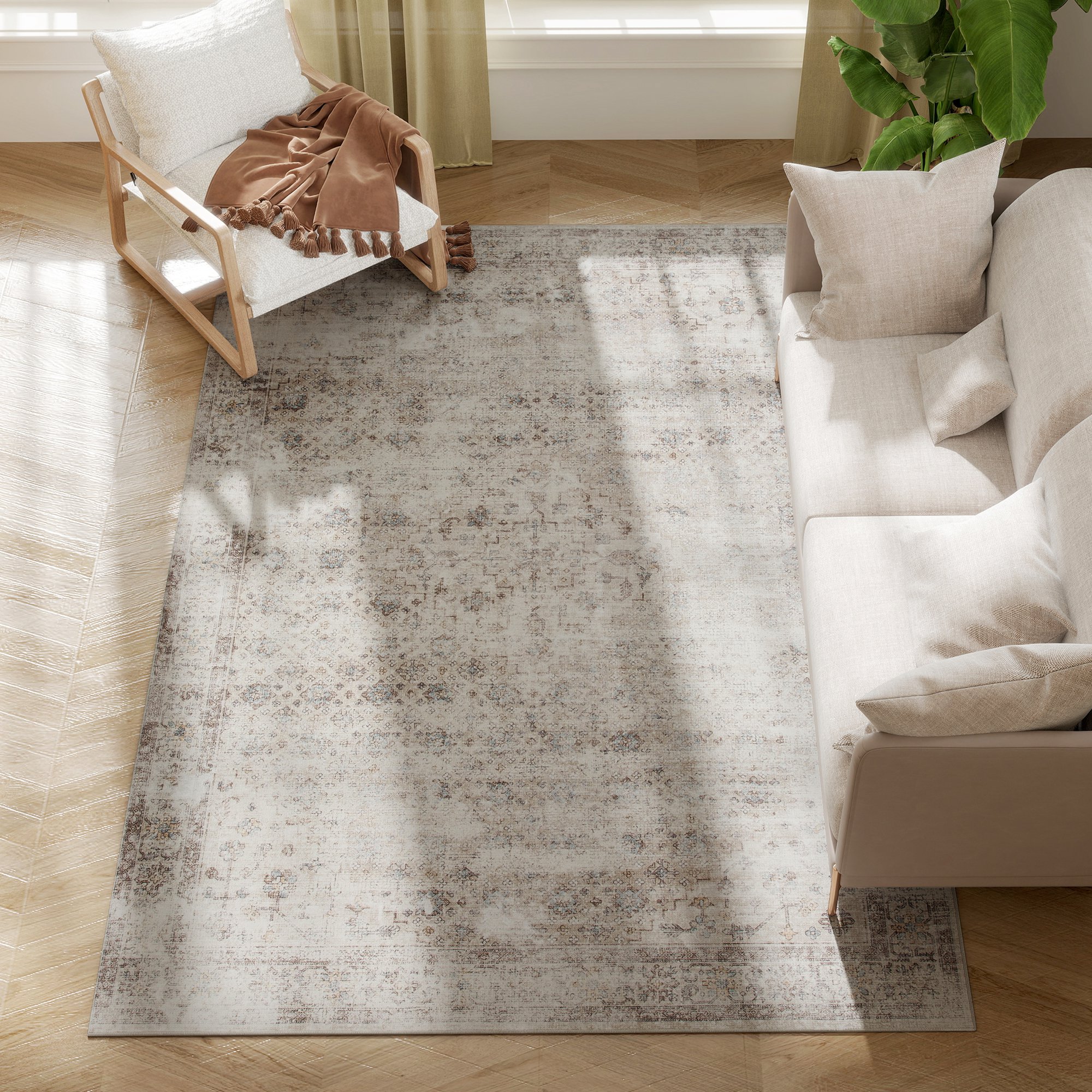 Tinyhomie Machine Washable Area Rug 5x7 Non Slip Traditional Floor Carpet for Living Room Bedroom Light Mixed Brown