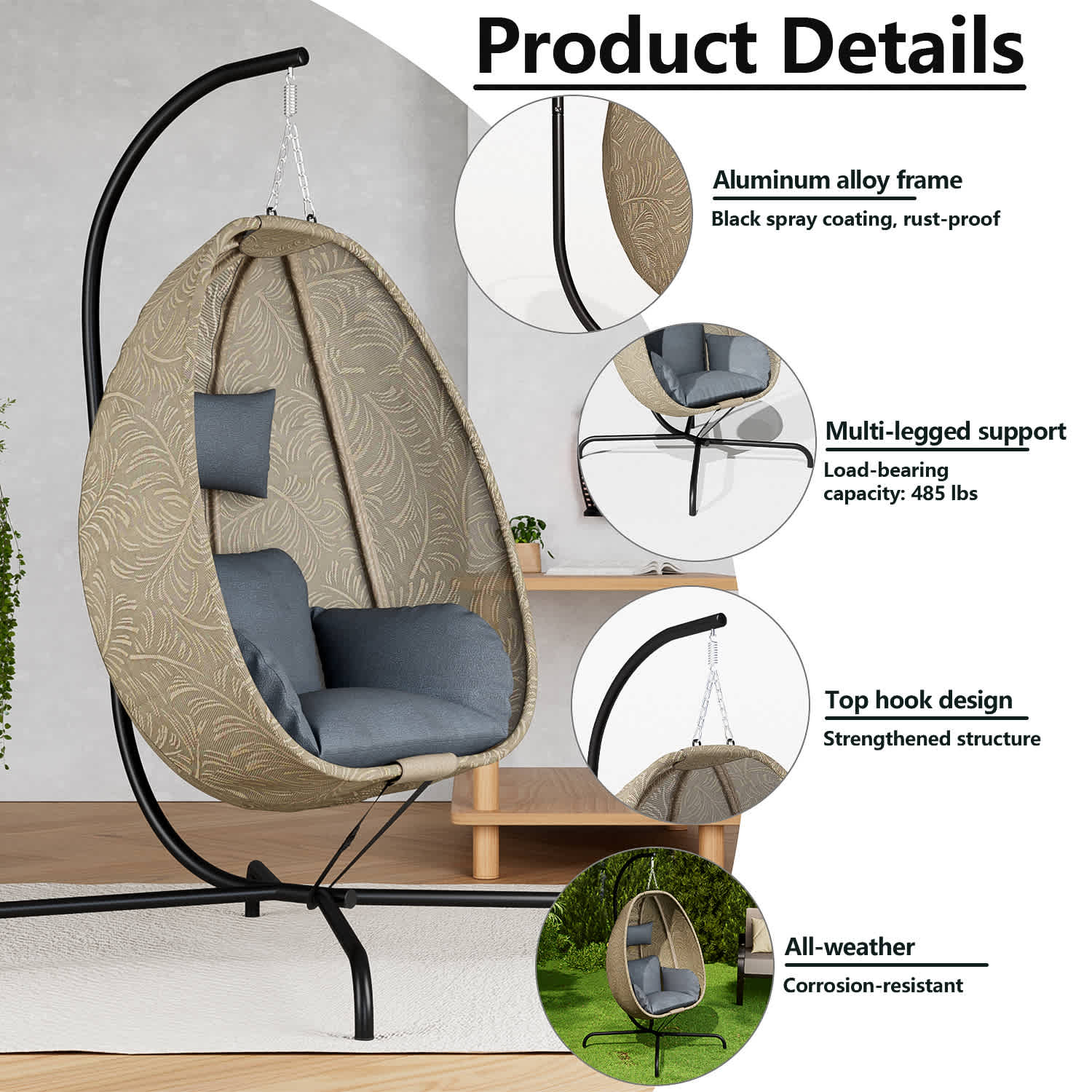 Haxvin Foldable Hanging Swing Egg Chair with Stand Breathable PVC ...