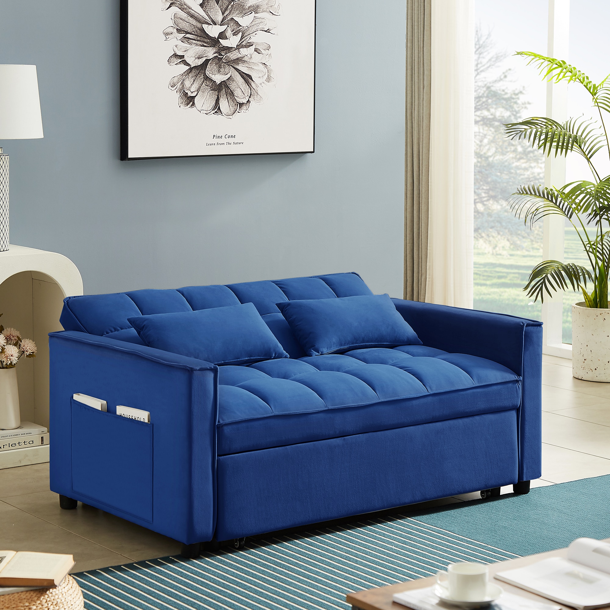 Clihome Loveseat 57-in Modern Blue Velvet 2-seater Reclining Sofa in ...