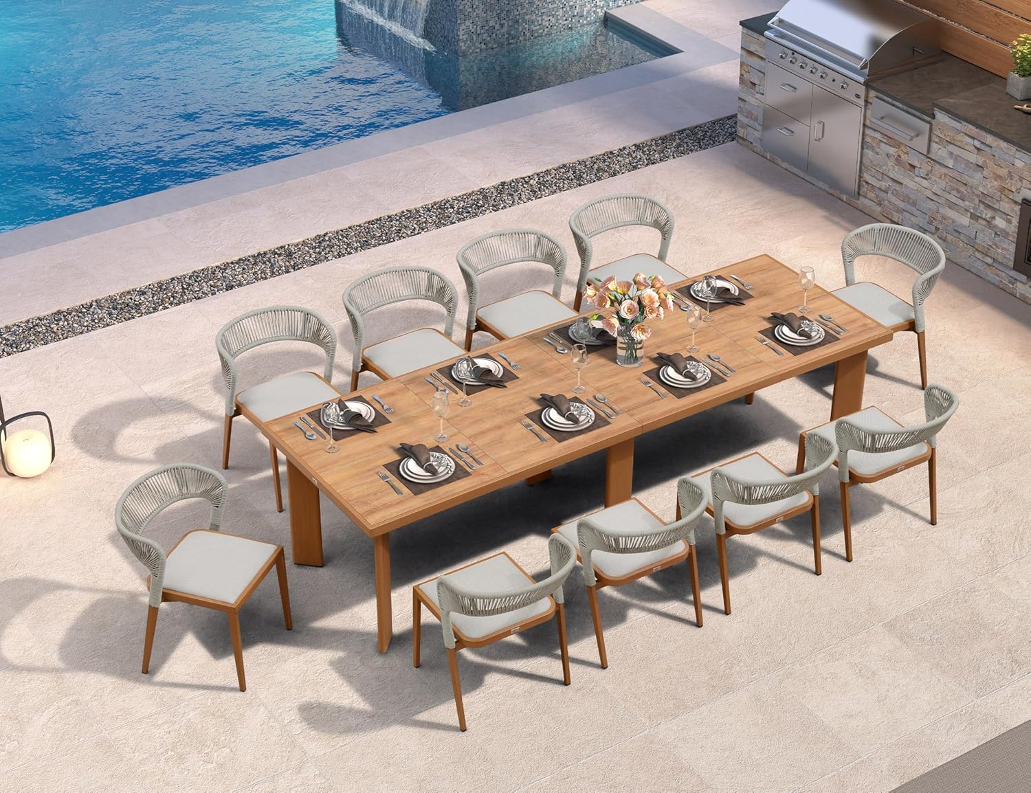 PURPLE LEAF - outdoor patio dining sets 11 -Piece Deep Teak Rattan Patio Dining Set Aluminum Rect...