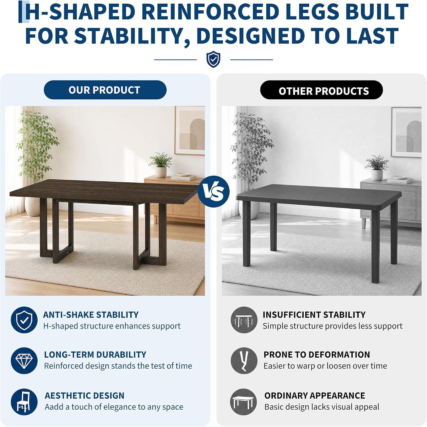 GarveeLife Dining Table with H-Shape Legs Rectangular Table for 6-8 ...