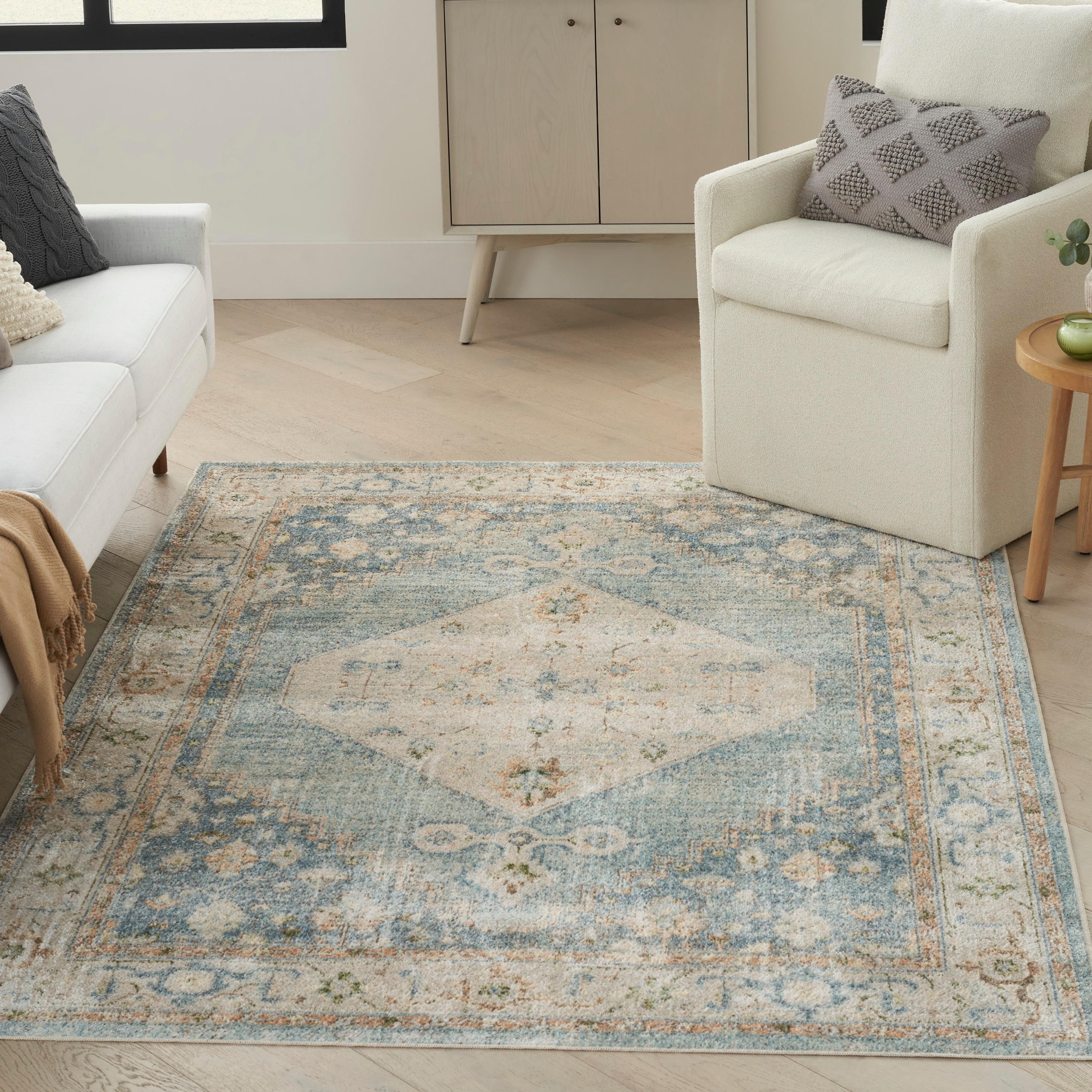 Nourison Home 099446944610 Astra Machine Washable 5 x 7 (ft) Loomed Polyester Silver Blue Rectangular Indoor Medallion Vintage Machine washable Area rug