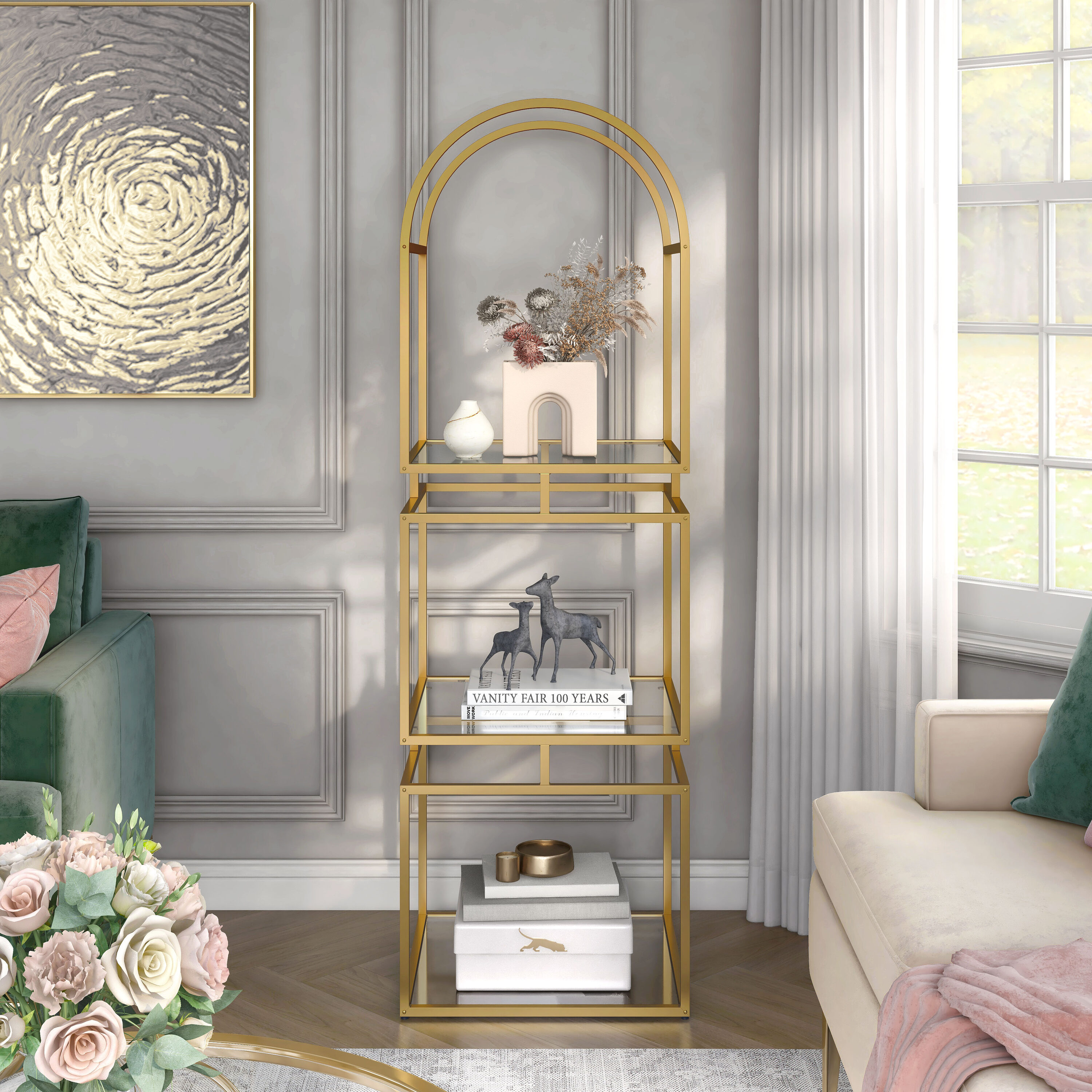 Furniture of America IDF-AC813GD-3 Lockerbie Gold Metal 3 -Shelf Bookcase ( 19.75-Inches W x 62.75-Inches H x 19.75-Inches D ) Finished