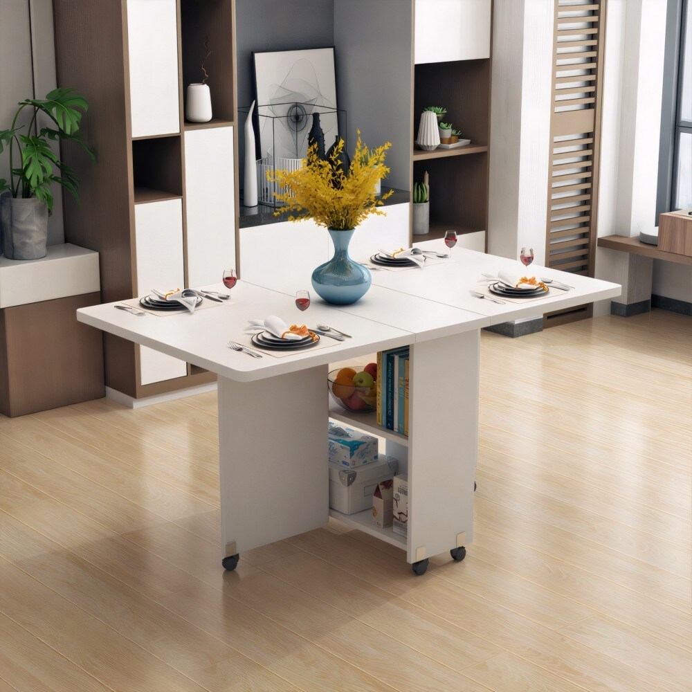 Beedesign Folding Drop Leaf Dining Table with 6 Wheels 2 Layer Storage ...