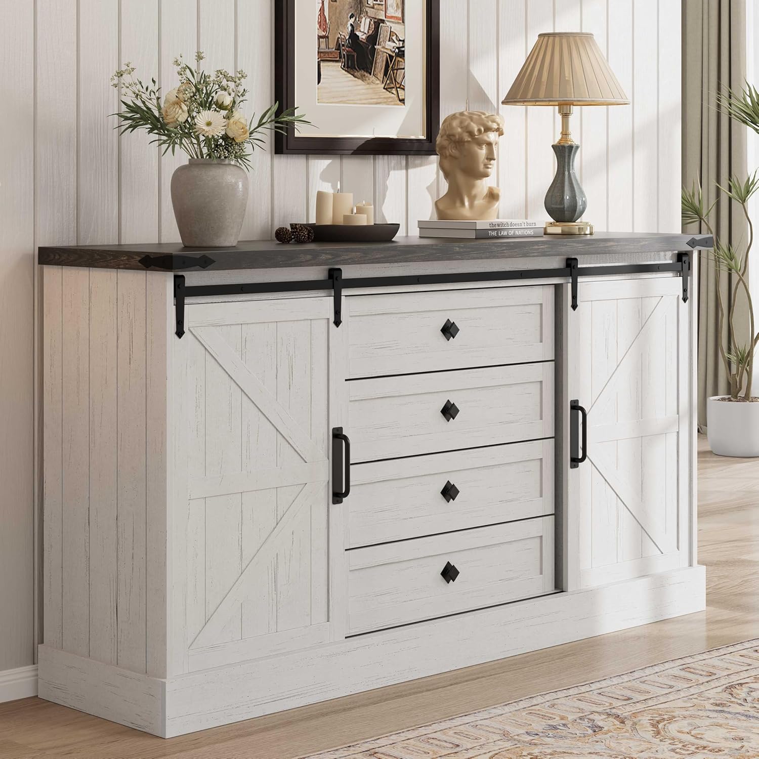 Qeetex D23PHO34GE4KEK Farmhouse 4 Drawer Dresser With Sliding Barn Doors Antique White Engineered MDF TV Stand and Storage Chest White