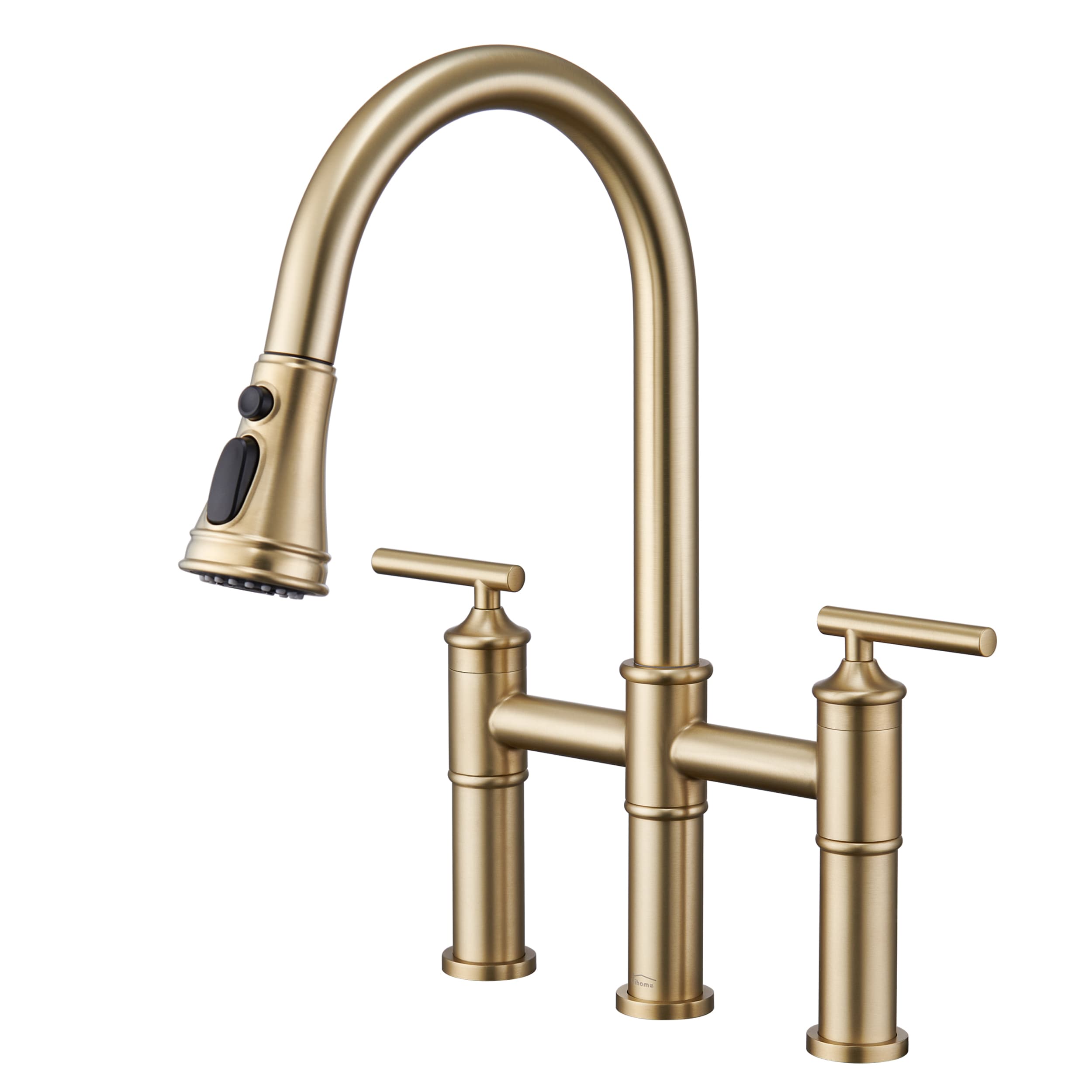 Mondawe MD-D45-BN Brushed Gold Double Handle Deck-mount Bridge Kitchen Faucet with Sprayer ( Deck Plate Included )