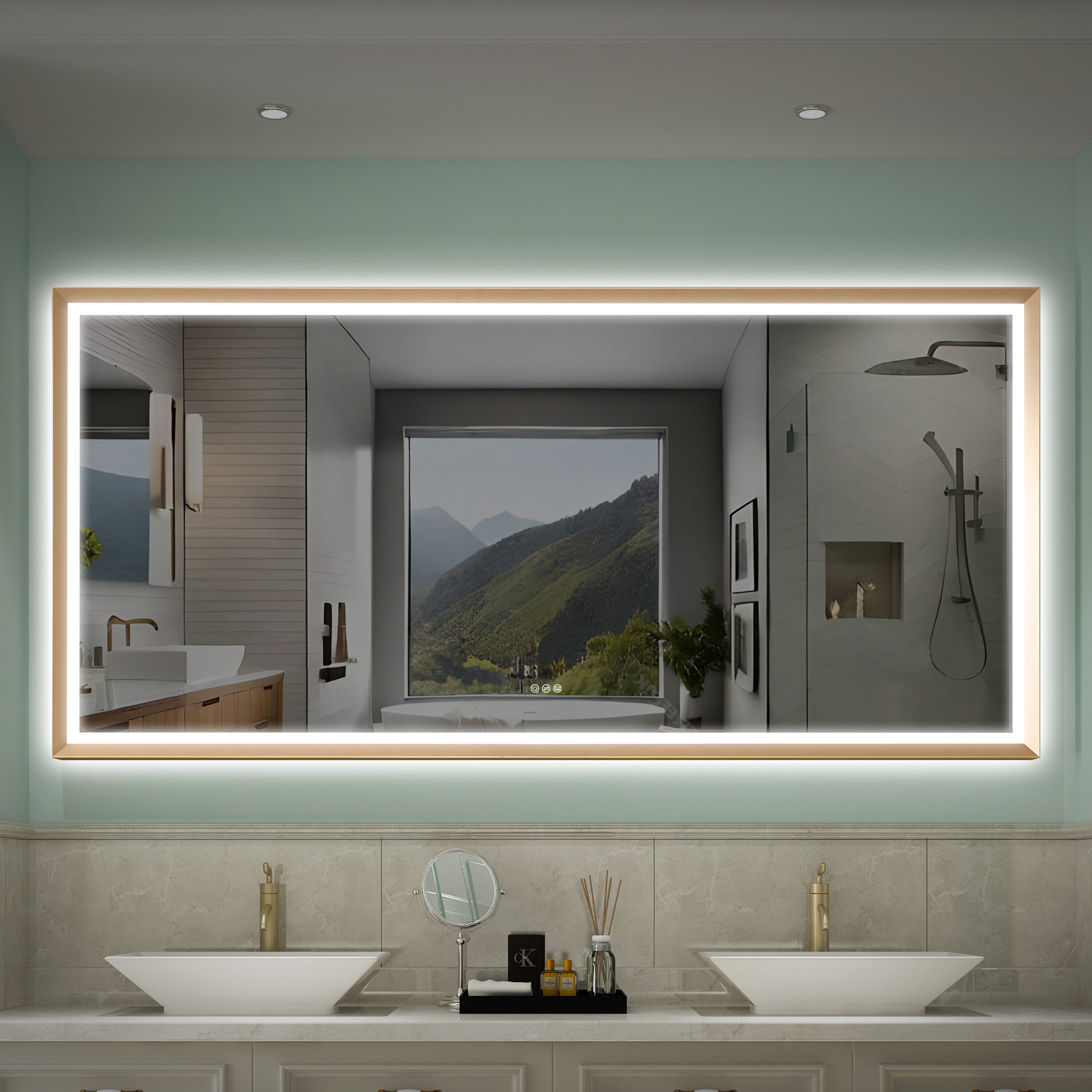 WELLFOR W6FM8440BG LUKY LED Framed Mirror 84-Inches x 40-Inches Framed Rectangle Dimmable Lighted Fog Free Bathroom Vanity Mirror ( Brushed Gold )