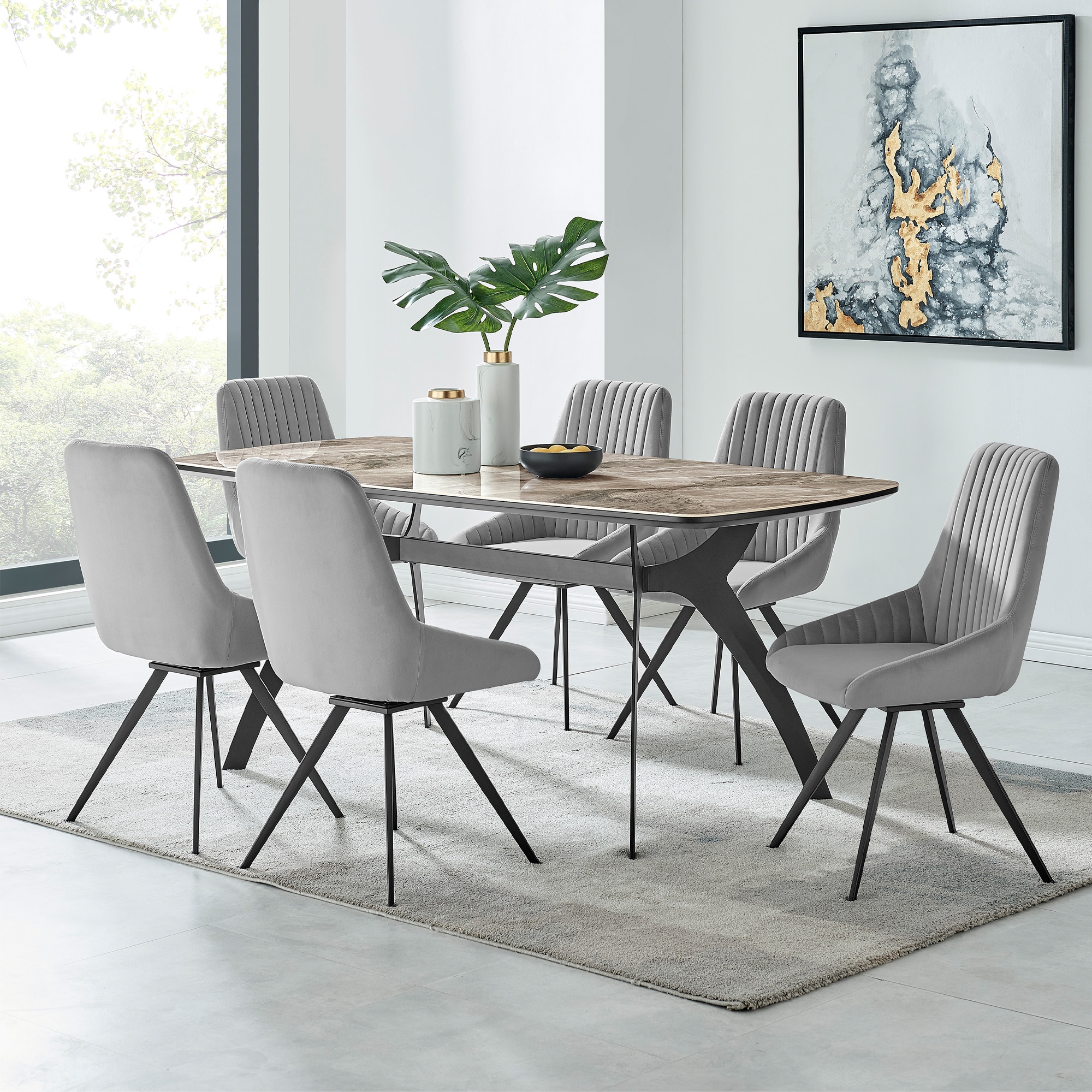 Luxurious Gray Velvet Swivel Side Chair with Metal Frame - Set of 2