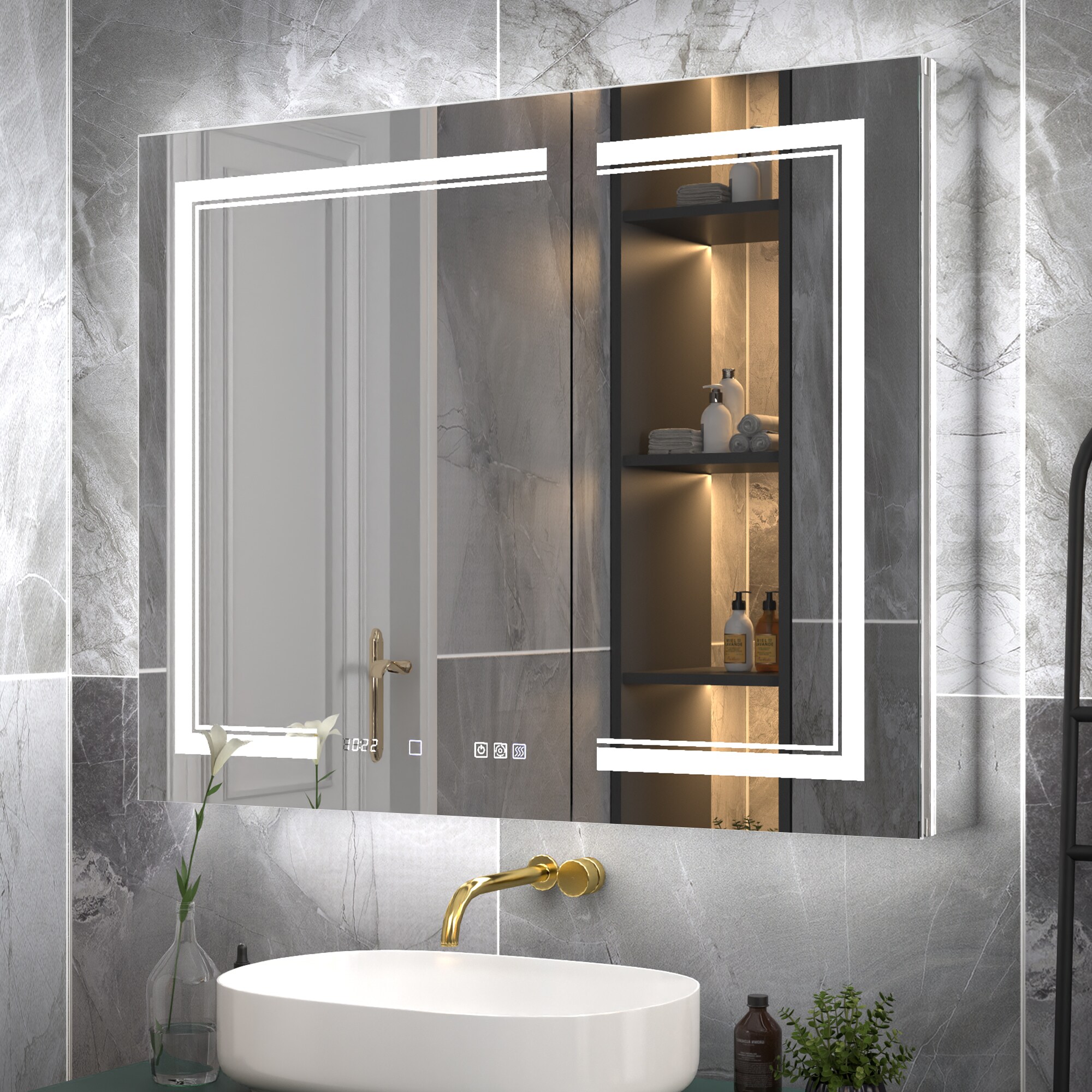 ExBrite W7MC7226 Glint 40-in x 32-in Lighted LED Fog Free Surface/Recessed Mount Lustra Silver Mirrored Rectangle Soft Close Medicine Cabinet with Outlet