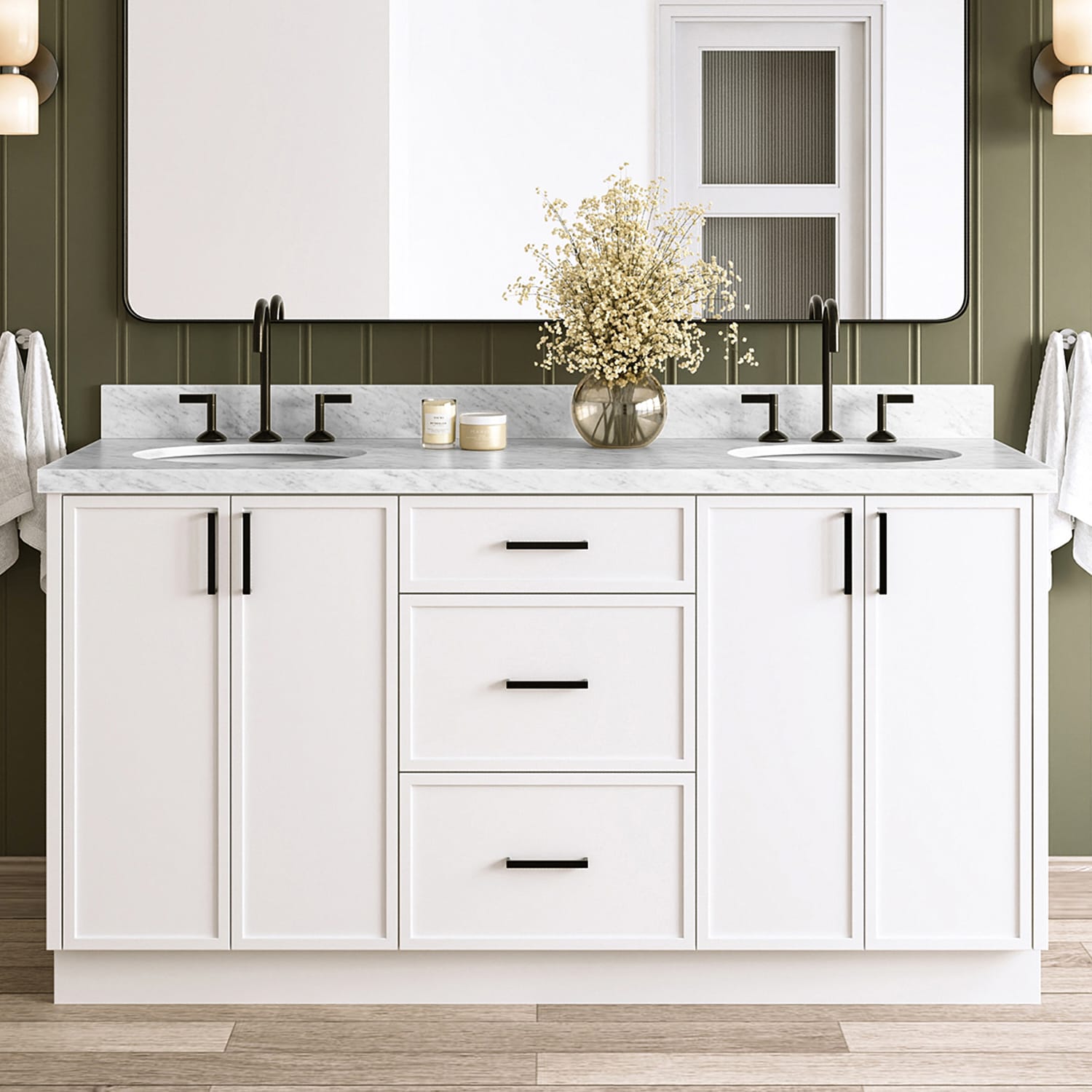 ARIEL - Kelly 66-in White Undermount Double Sink Bathroom Vanity with Carrara White Marble Marble...