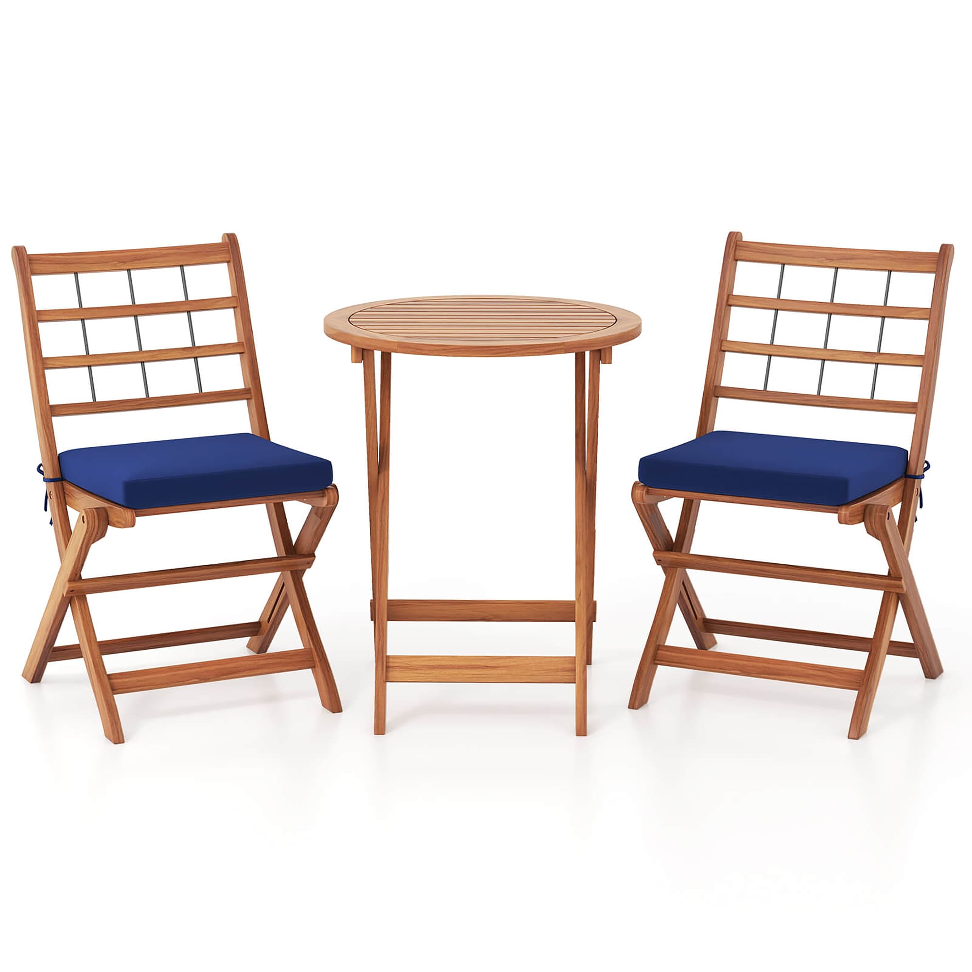 Costway HCST04001 3 -Piece Natural Bistro Patio Dining Set Wood Round Table with 2 Navy Cushions Stationary Chairs